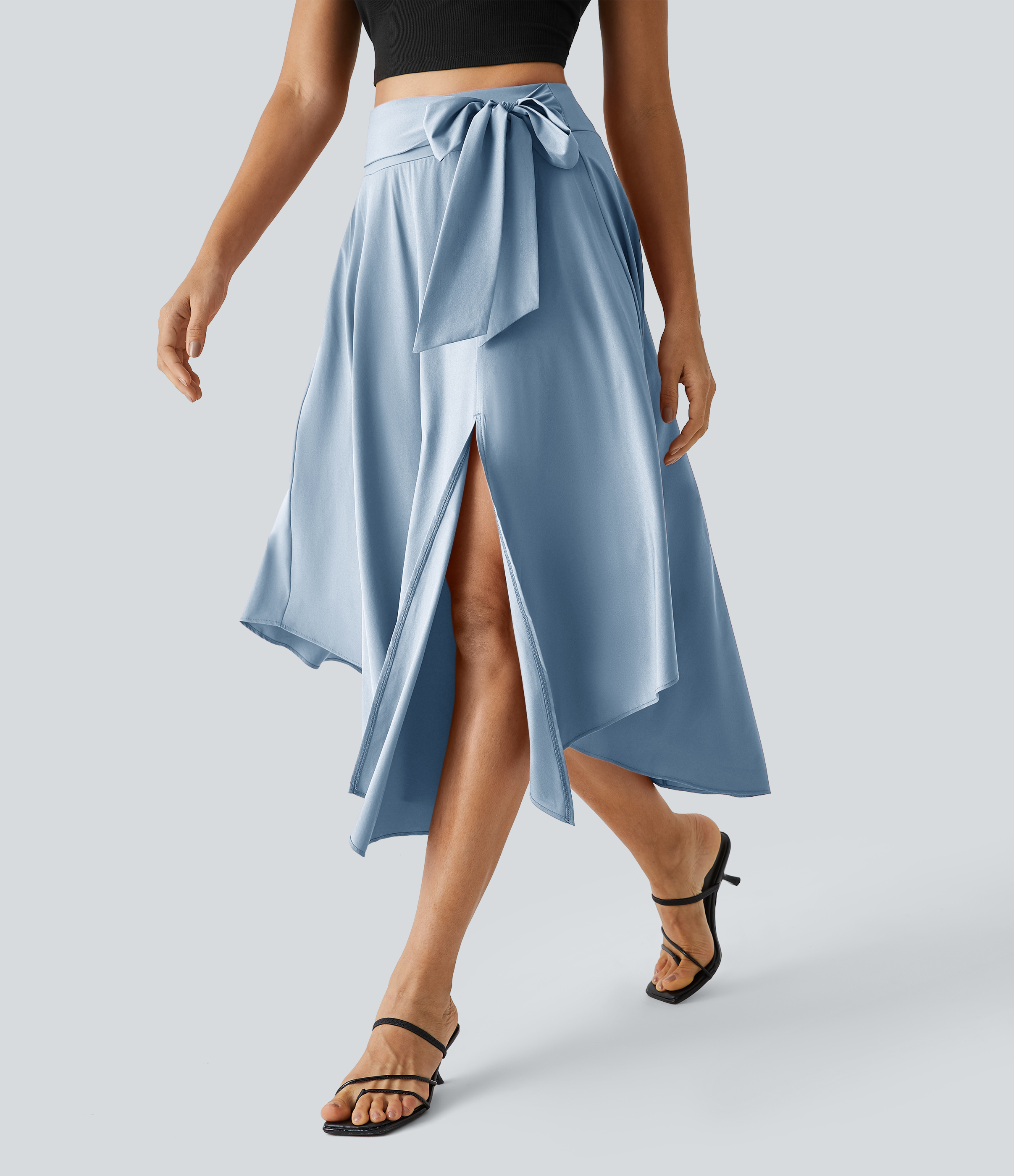 Halara Breezefulв„ў High Waisted Tie Side Split 2-in-1 Curved Hem Flowy Flare Quick Dry Midi Casual Skirt  - Ballad Blue - XS(regular) 