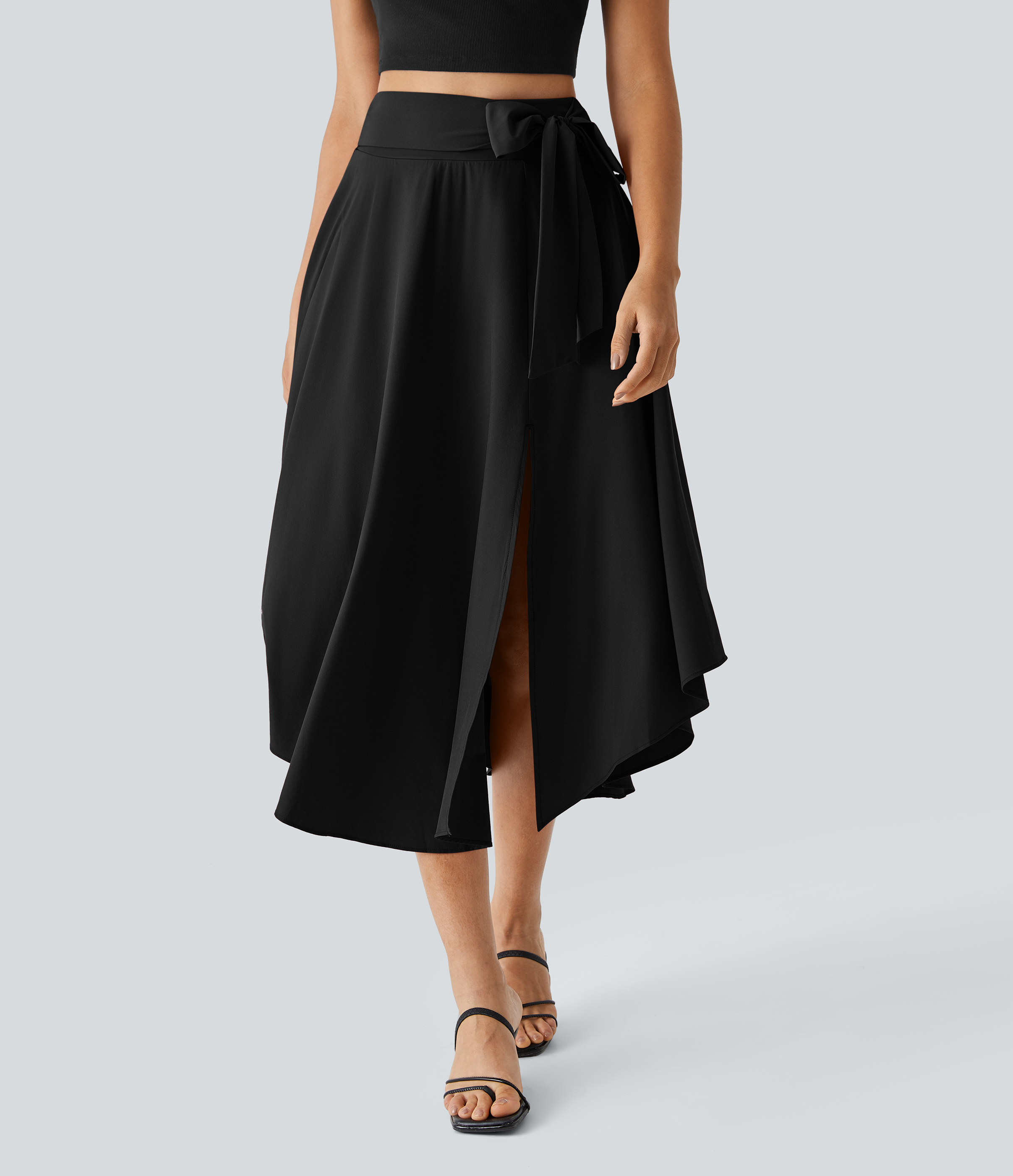 Halara Breezefulв„ў High Waisted Tie Side Split 2-in-1 Curved Hem Flowy Flare Quick Dry Midi Casual Skirt  - Black - M(regular) 