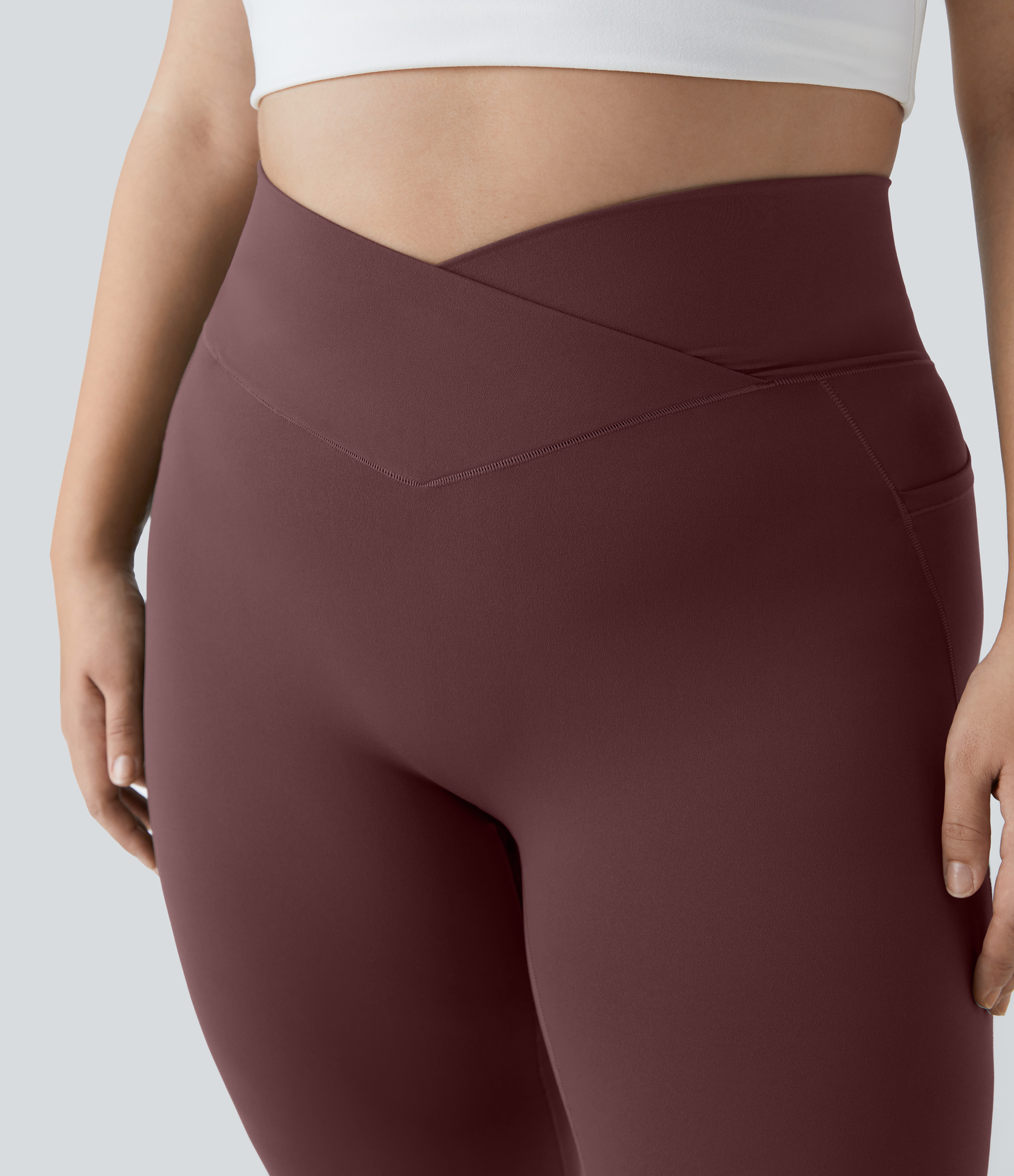 Halara Cloudfulв„ў Fabric High Waisted Crossover Side Pocket Plain Plus Size Full Length Leggings  - Red Mahogany - 3X 