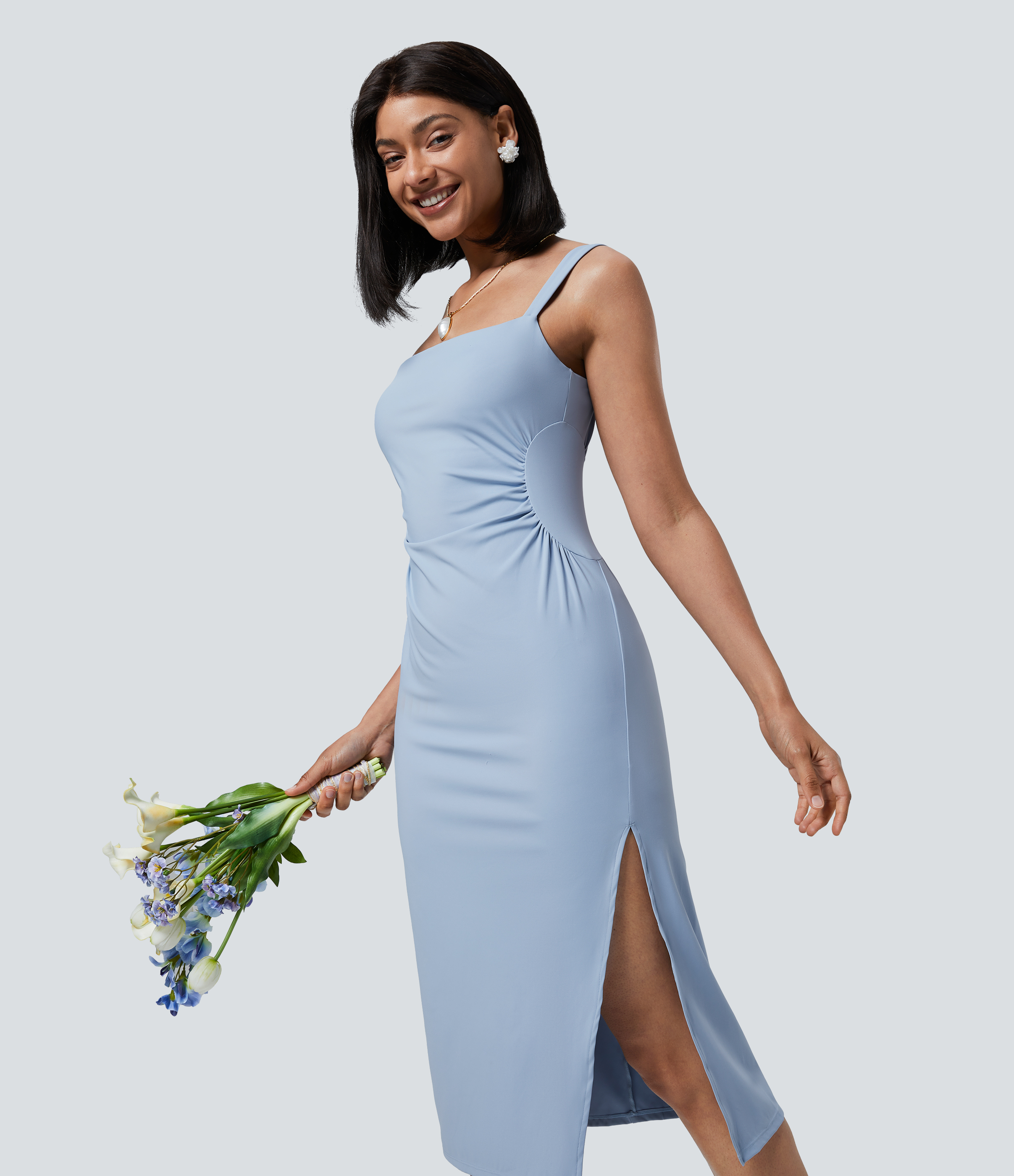 Halara Softlyzeroв„ў Airy Square Neck Ruched Split Midi Cool Touch Bridesmaid And Wedding Guest Dress Casual Dress - Chambray Blue - XL 
