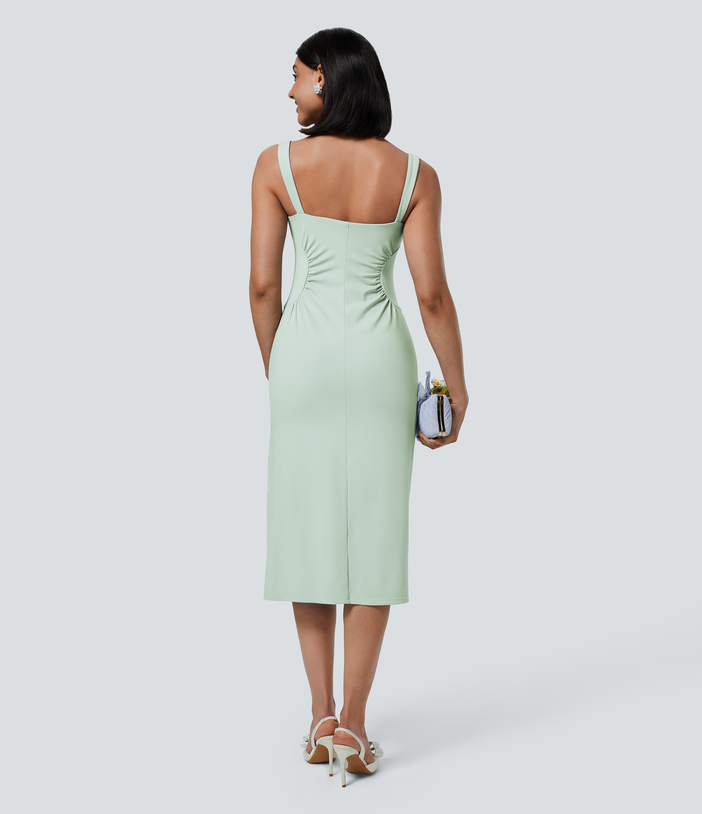 Halara Softlyzeroв„ў Airy Square Neck Ruched Split Midi Cool Touch Bridesmaid And Wedding Guest Dress Casual Dress - Fairest Jade - M 