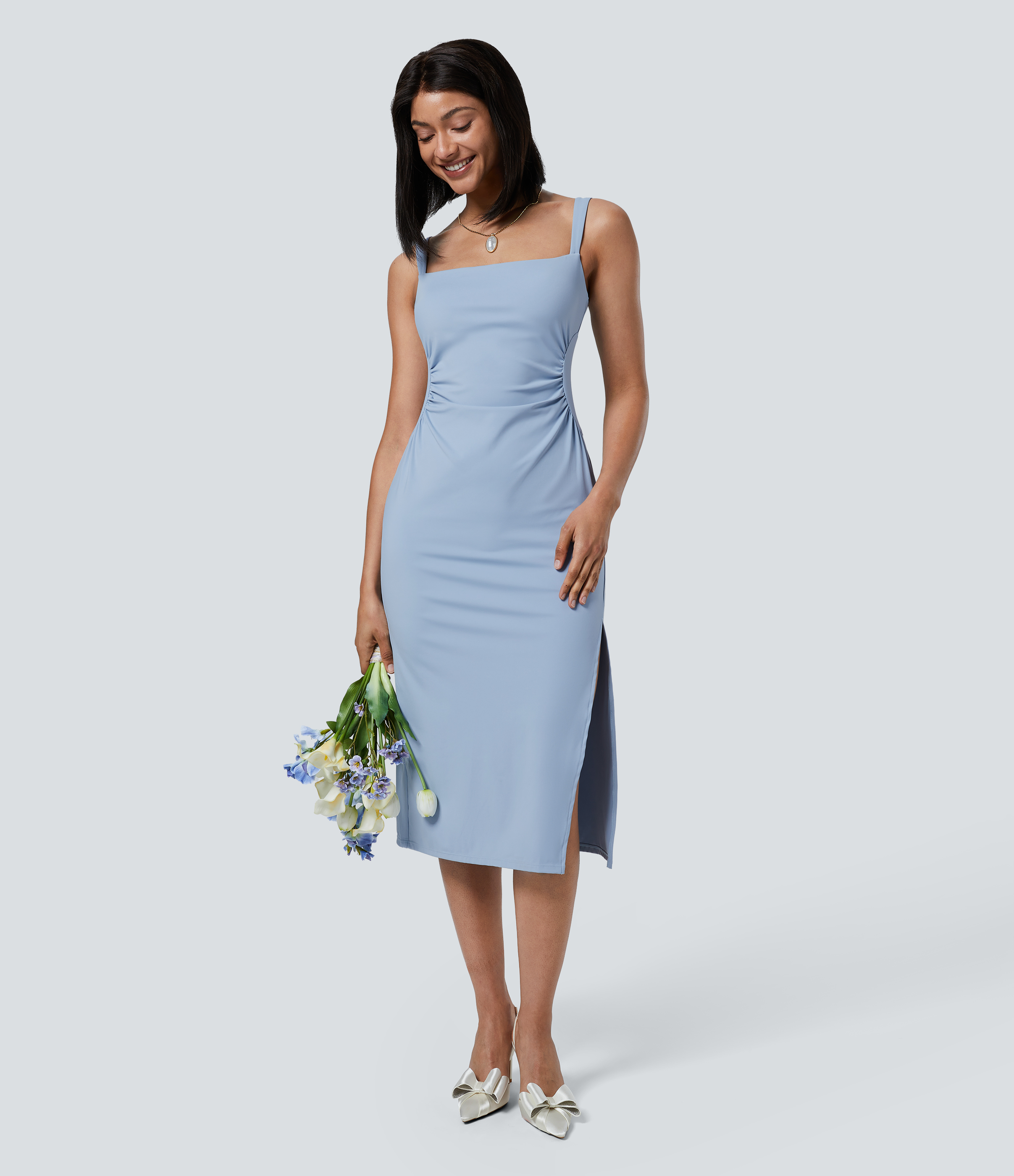 Halara Softlyzeroв„ў Airy Square Neck Ruched Split Midi Cool Touch Bridesmaid And Wedding Guest Dress Casual Dress - Chambray Blue - XL 