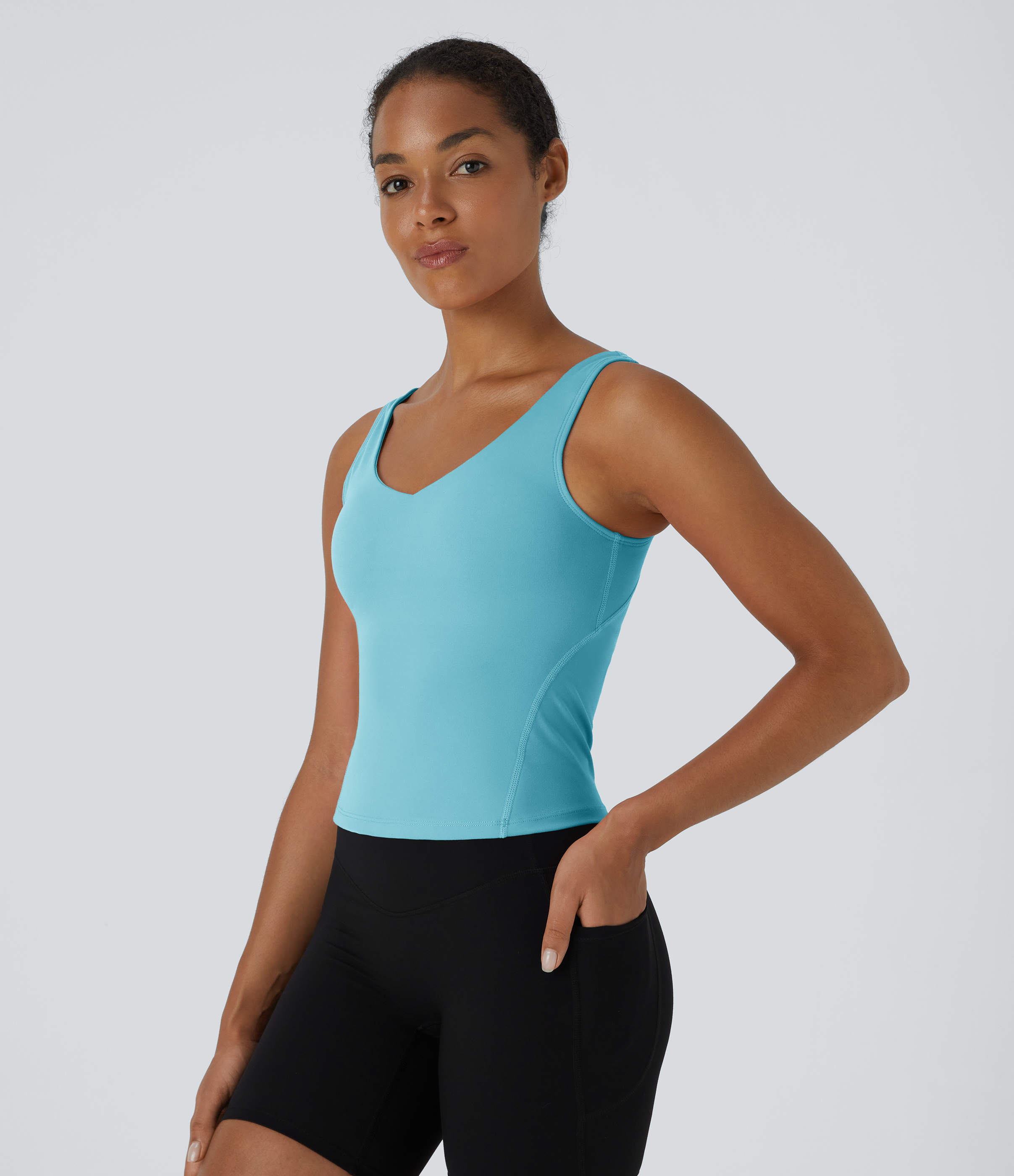 Halara Softlyzeroв„ў Plush Padded V Neck Plain Tank Top Tank Top - Antigua Sand - XS golf tops halter top tunic tops sleeveless tops 
