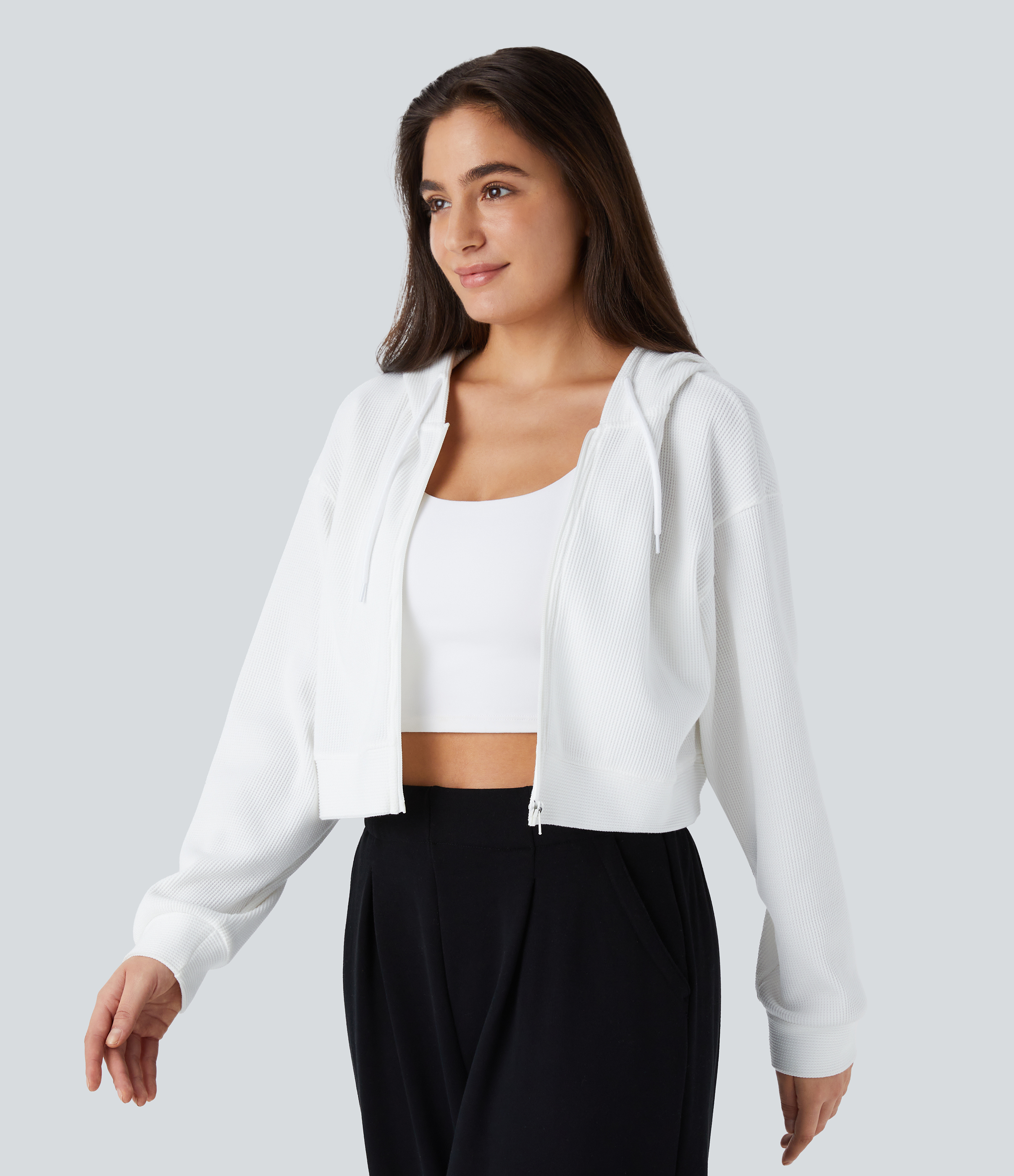 Halara Waffle Hooded Drawstring Zipper Cropped Casual Cotton Sports Sweatshirt  - White - S 