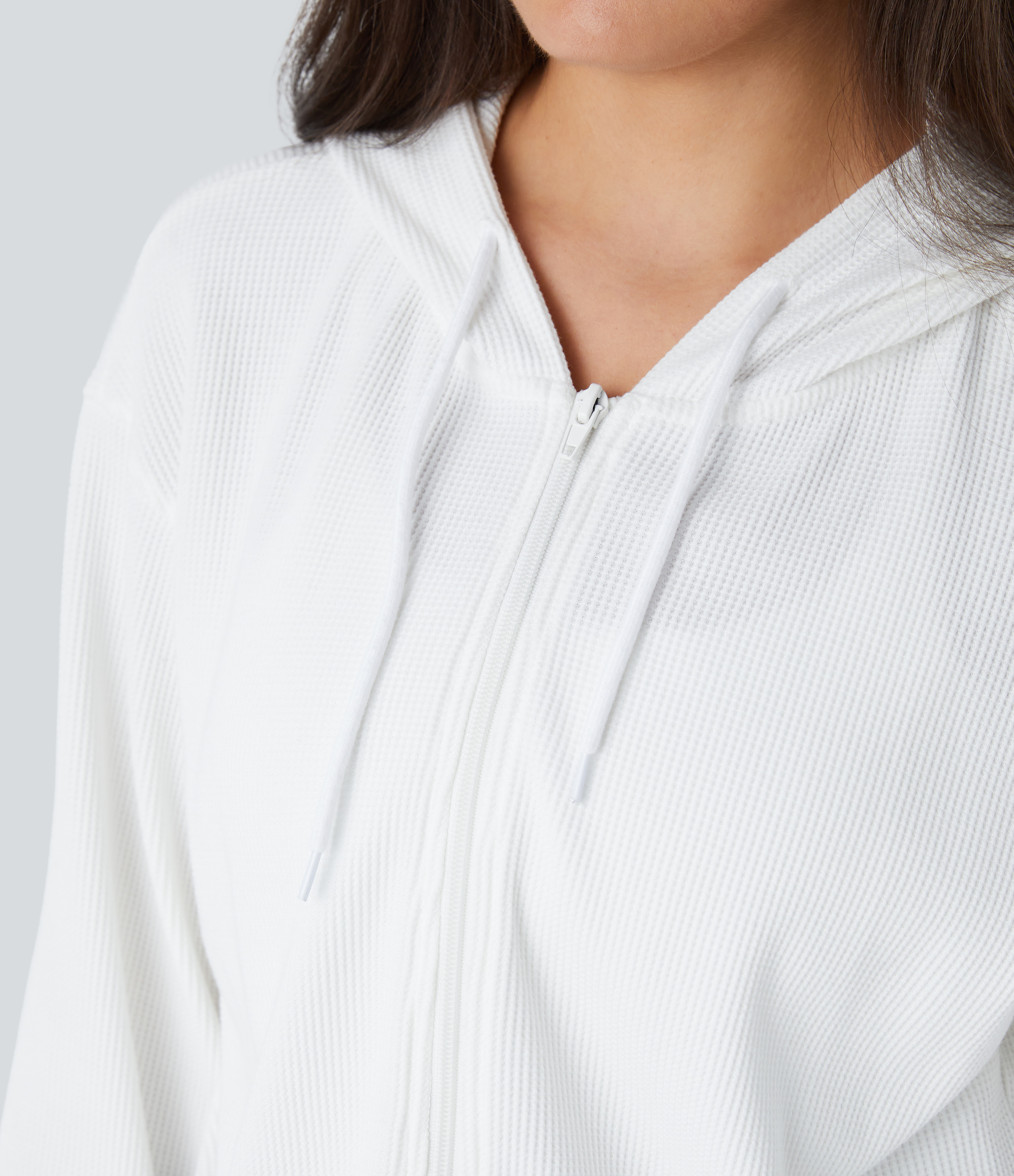 Halara Waffle Hooded Drawstring Zipper Cropped Casual Cotton Sports Sweatshirt  - White - S 