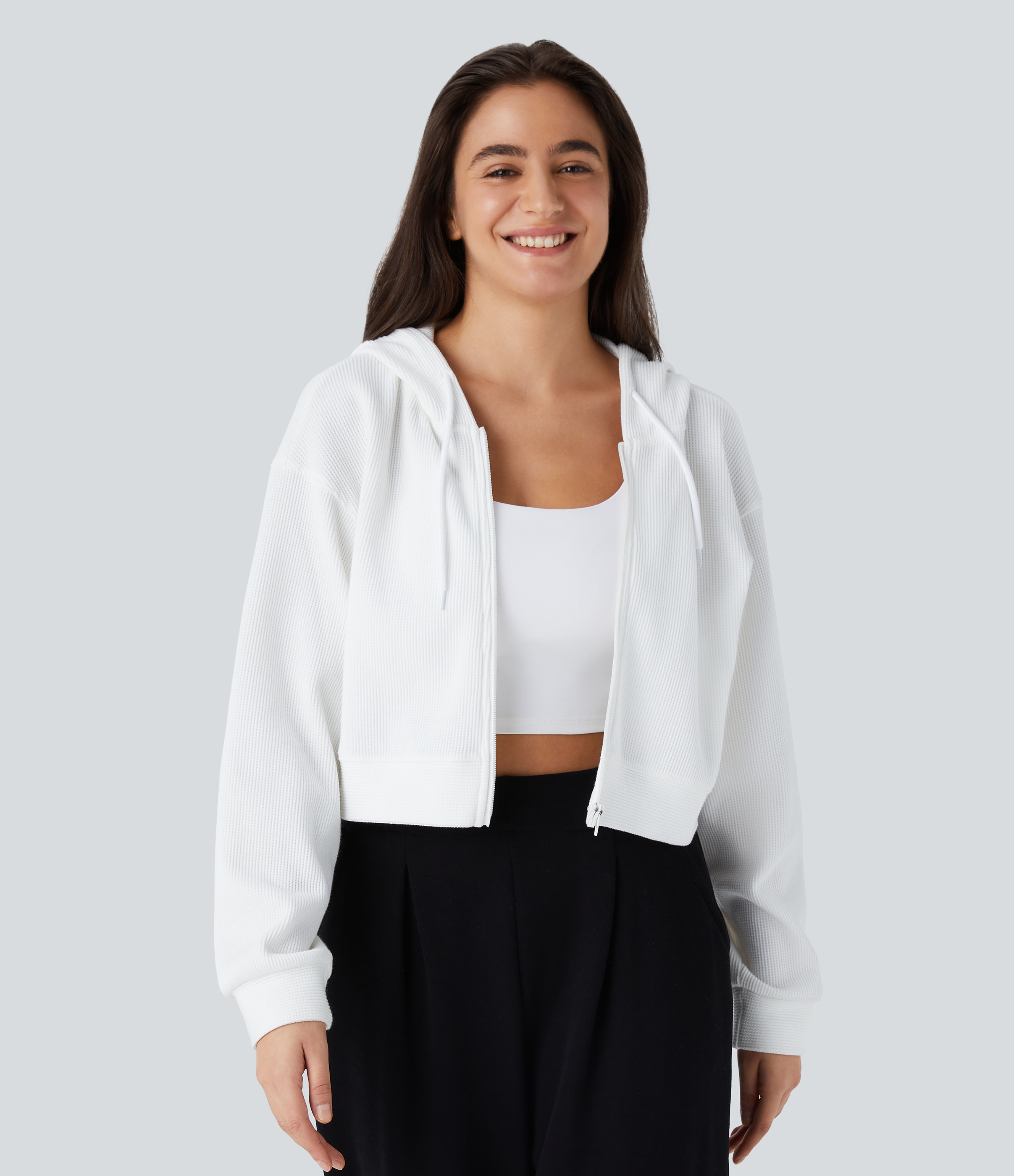 Halara Waffle Hooded Drawstring Zipper Cropped Casual Cotton Sports Sweatshirt  - White - S 