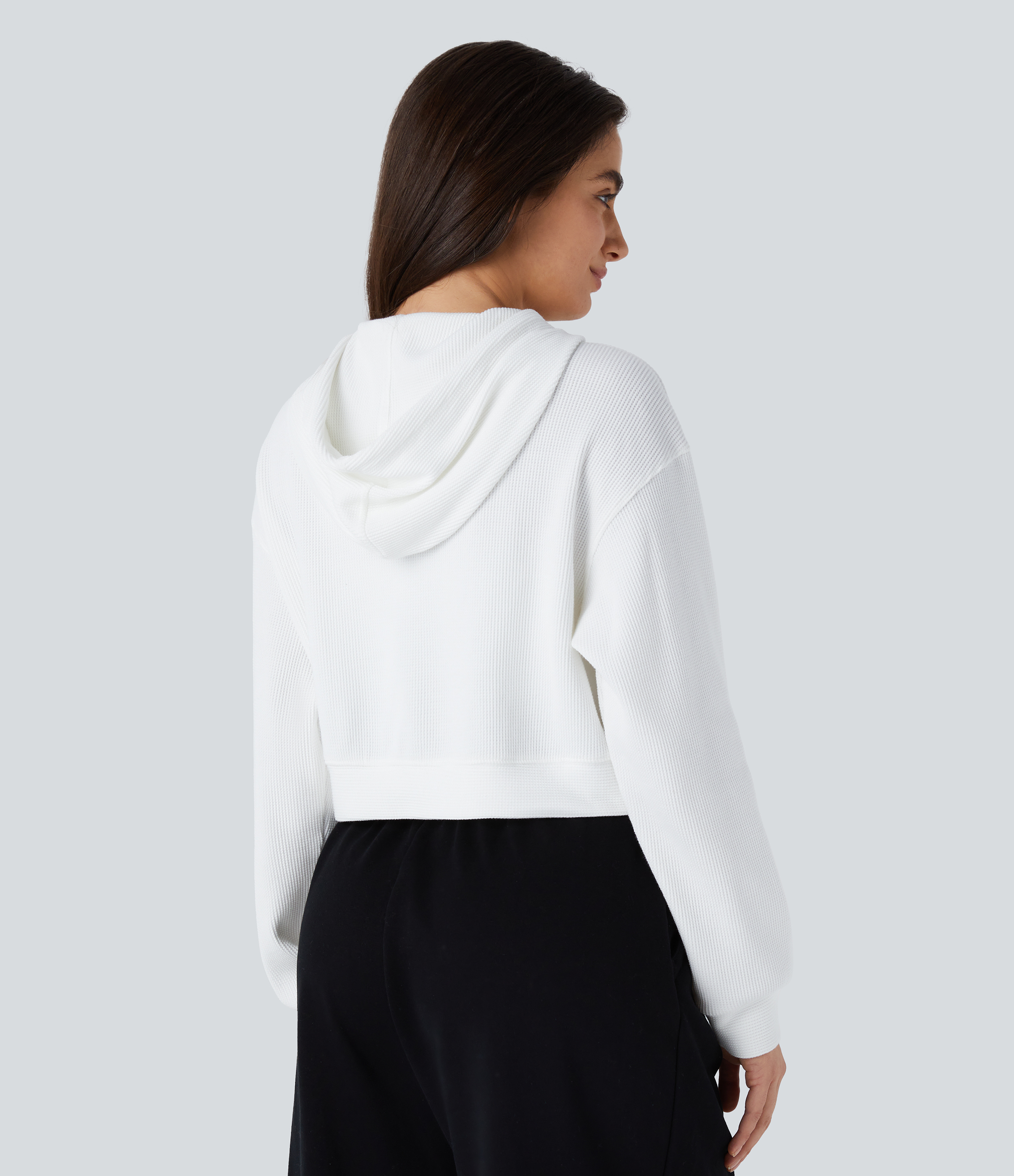 Halara Waffle Hooded Drawstring Zipper Cropped Casual Cotton Sports Sweatshirt  - White - S 