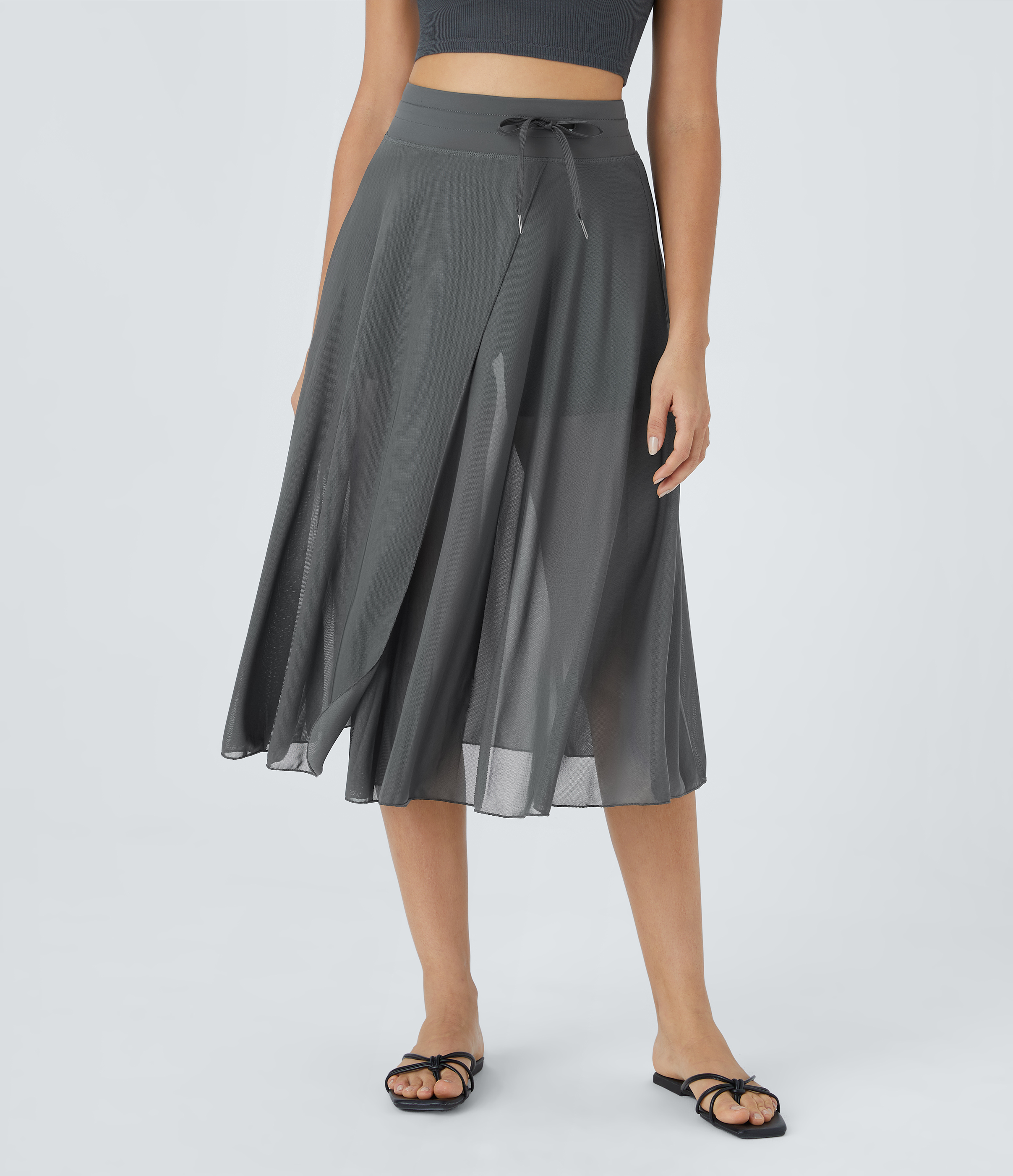 Halara High Waisted Drawstring Contrast Mesh 2-in-1 Side Pocket Flowy Midi Flare Casual Skirt  - Dark Shadow - XL midi skirt a line skirt 
