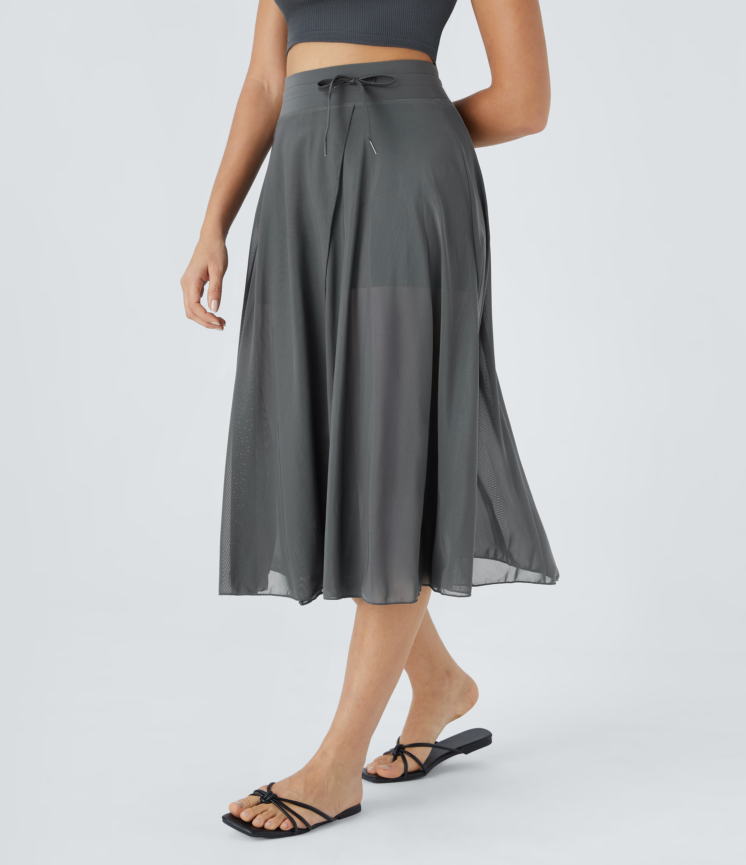 Halara High Waisted Drawstring Contrast Mesh 2-in-1 Side Pocket Flowy Midi Flare Casual Skirt  - Dark Shadow - XL midi skirt a line skirt 