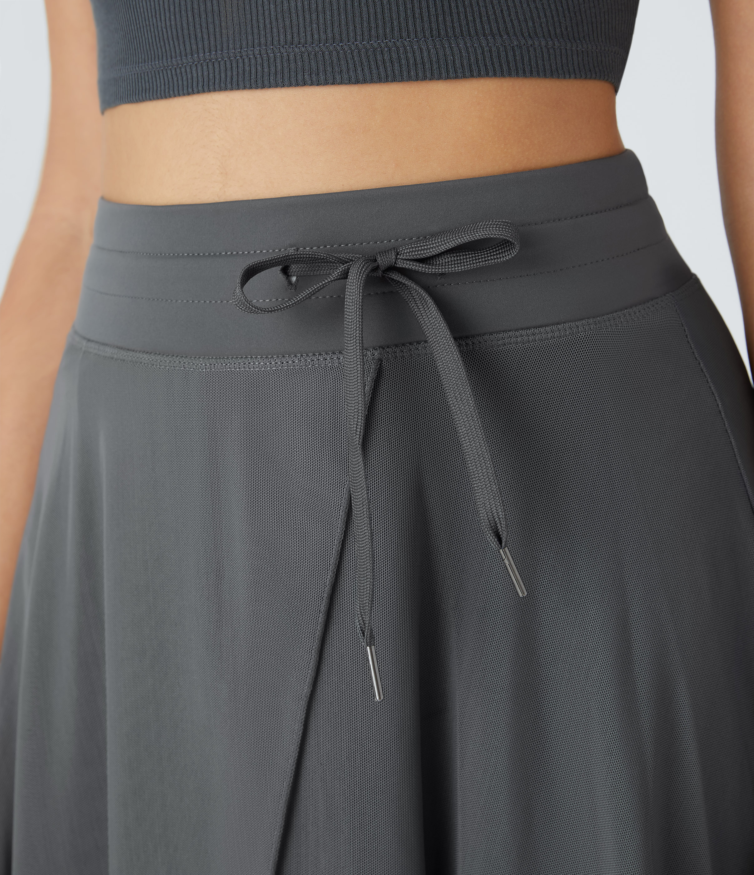 Halara High Waisted Drawstring Contrast Mesh 2-in-1 Side Pocket Flowy Midi Flare Casual Skirt  - Dark Shadow - XL midi skirt a line skirt 