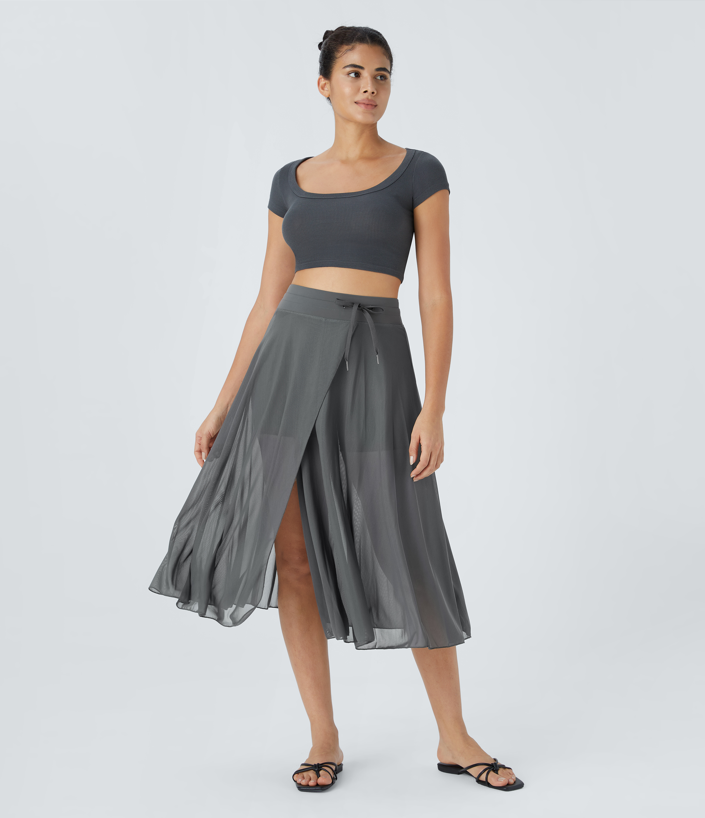 Halara High Waisted Drawstring Contrast Mesh 2-in-1 Side Pocket Flowy Midi Flare Casual Skirt  - Dark Shadow - XL midi skirt a line skirt 