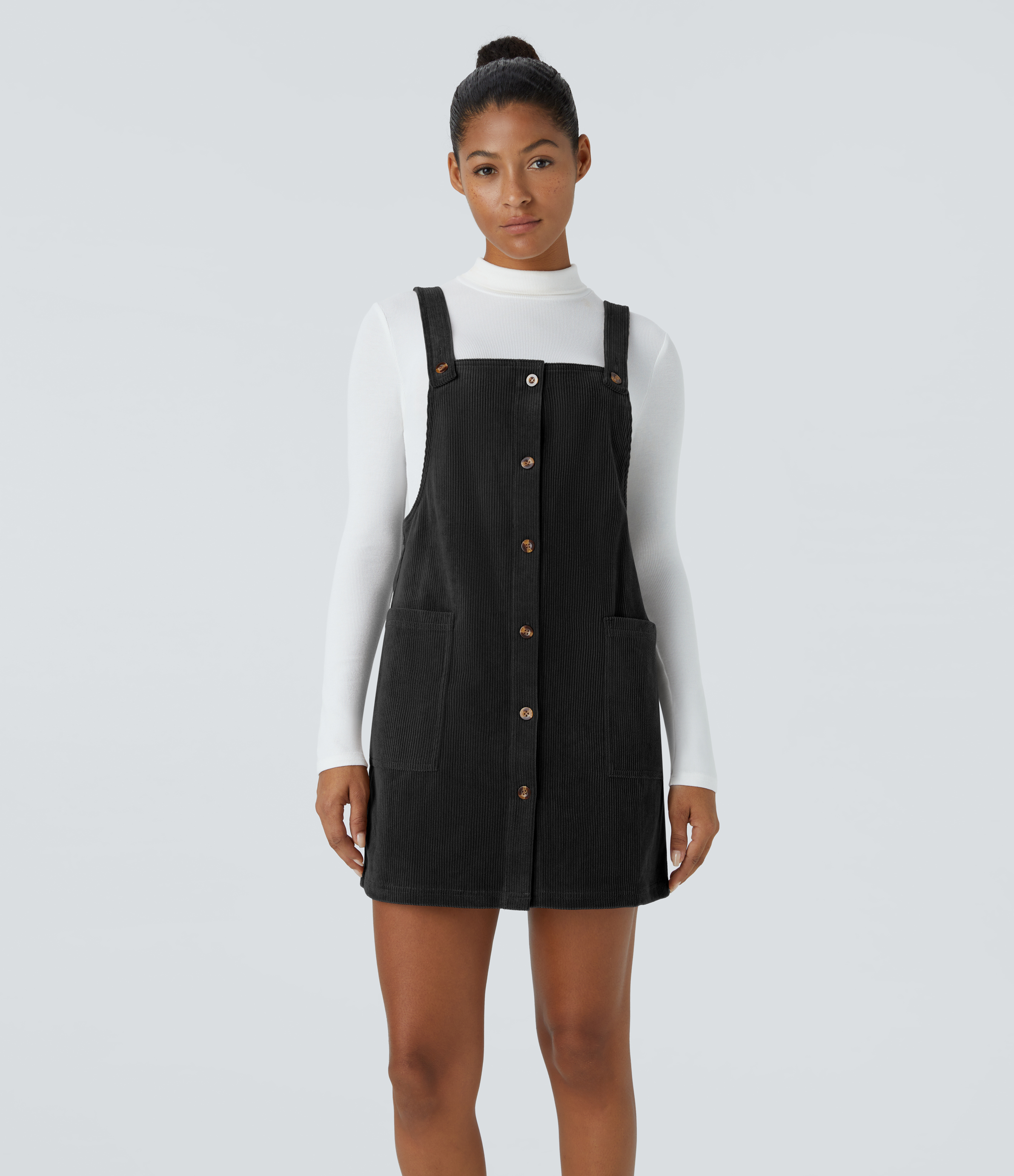 Halara Adjustable Strap Button Side Pocket Corduroy Mini Casual Jumper Dress - Black - L
