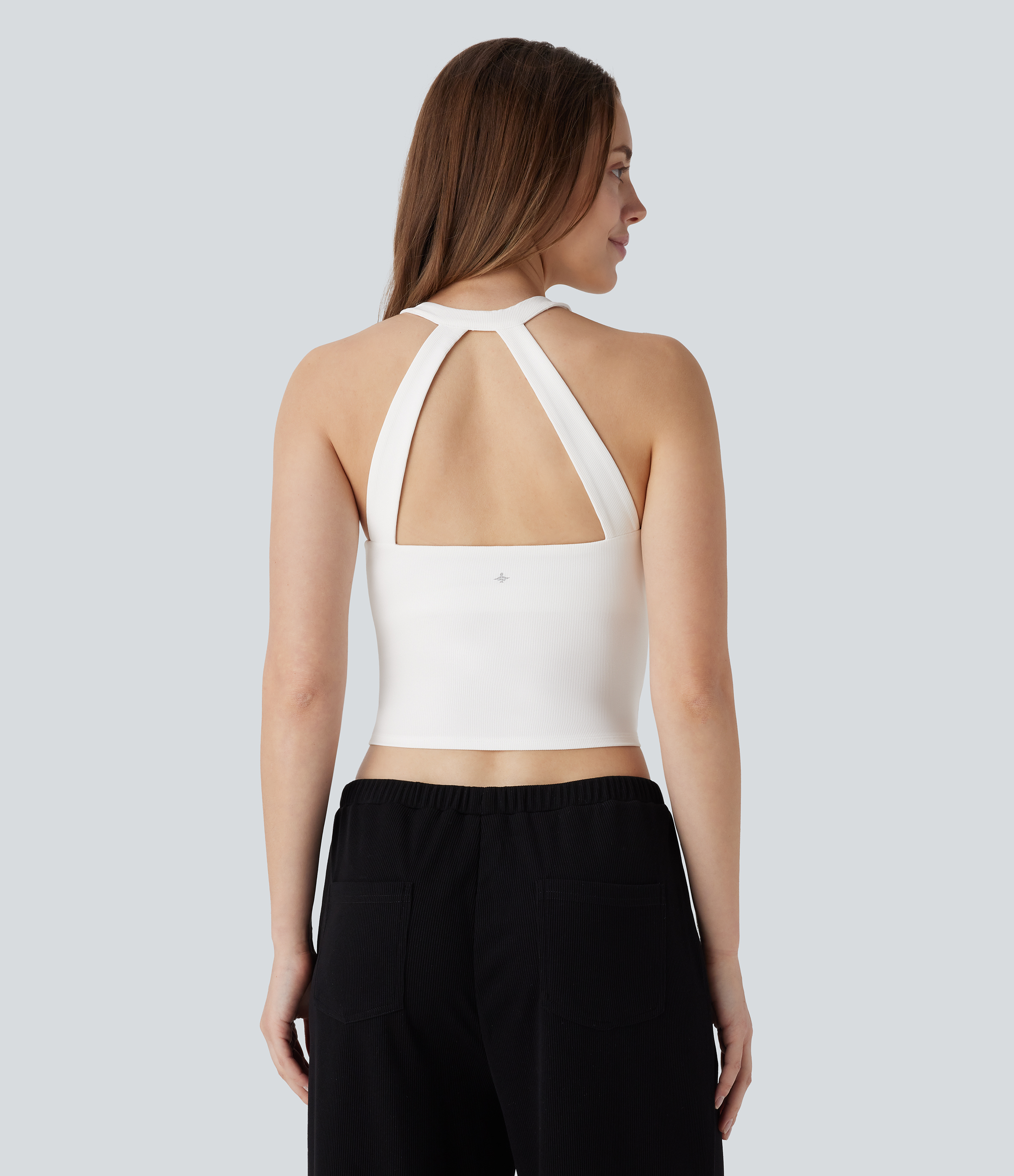 Halara Patitoffв„ў Flow Pet Hair Resistant Halter Cut Out Backless Cropped Yoga Tank Top Tank Top - White - M golf tops halter top tunic tops 