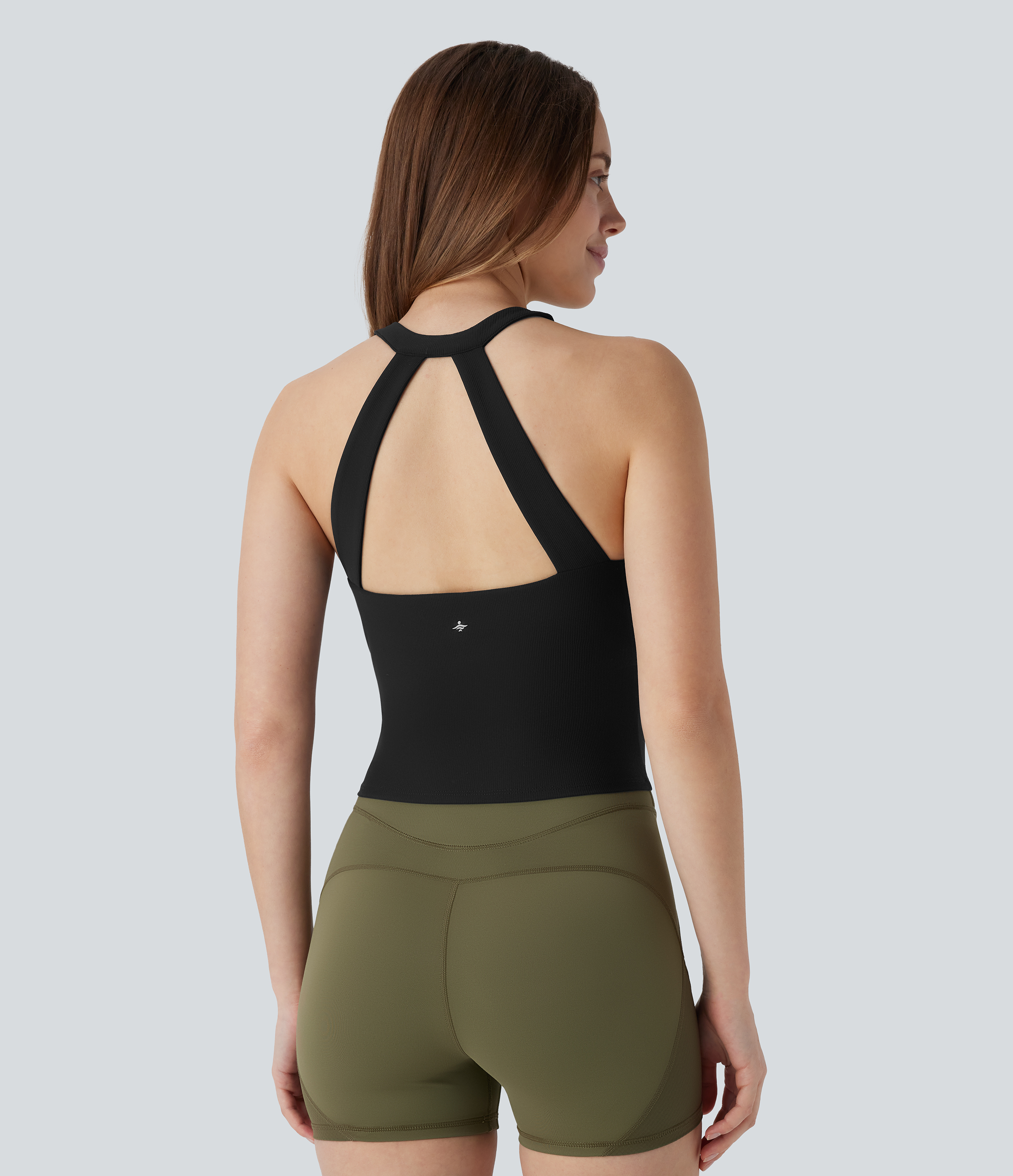 Halara Patitoffв„ў Flow Pet Hair Resistant Halter Cut Out Backless Cropped Yoga Tank Top Tank Top - Black - S golf tops halter top tunic tops 