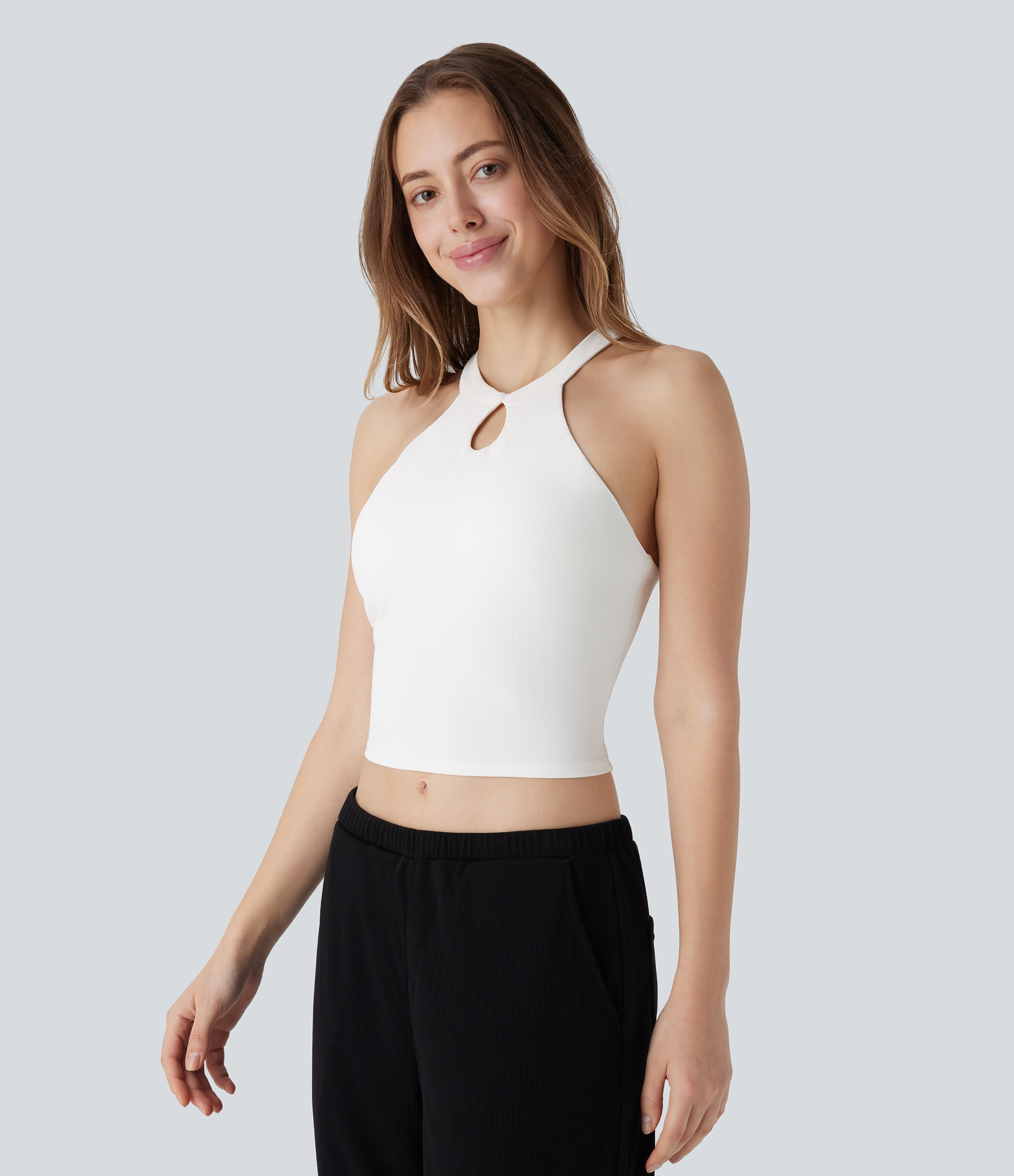 Halara Patitoffв„ў Flow Pet Hair Resistant Halter Cut Out Backless Cropped Yoga Tank Top Tank Top - White - M golf tops halter top tunic tops 