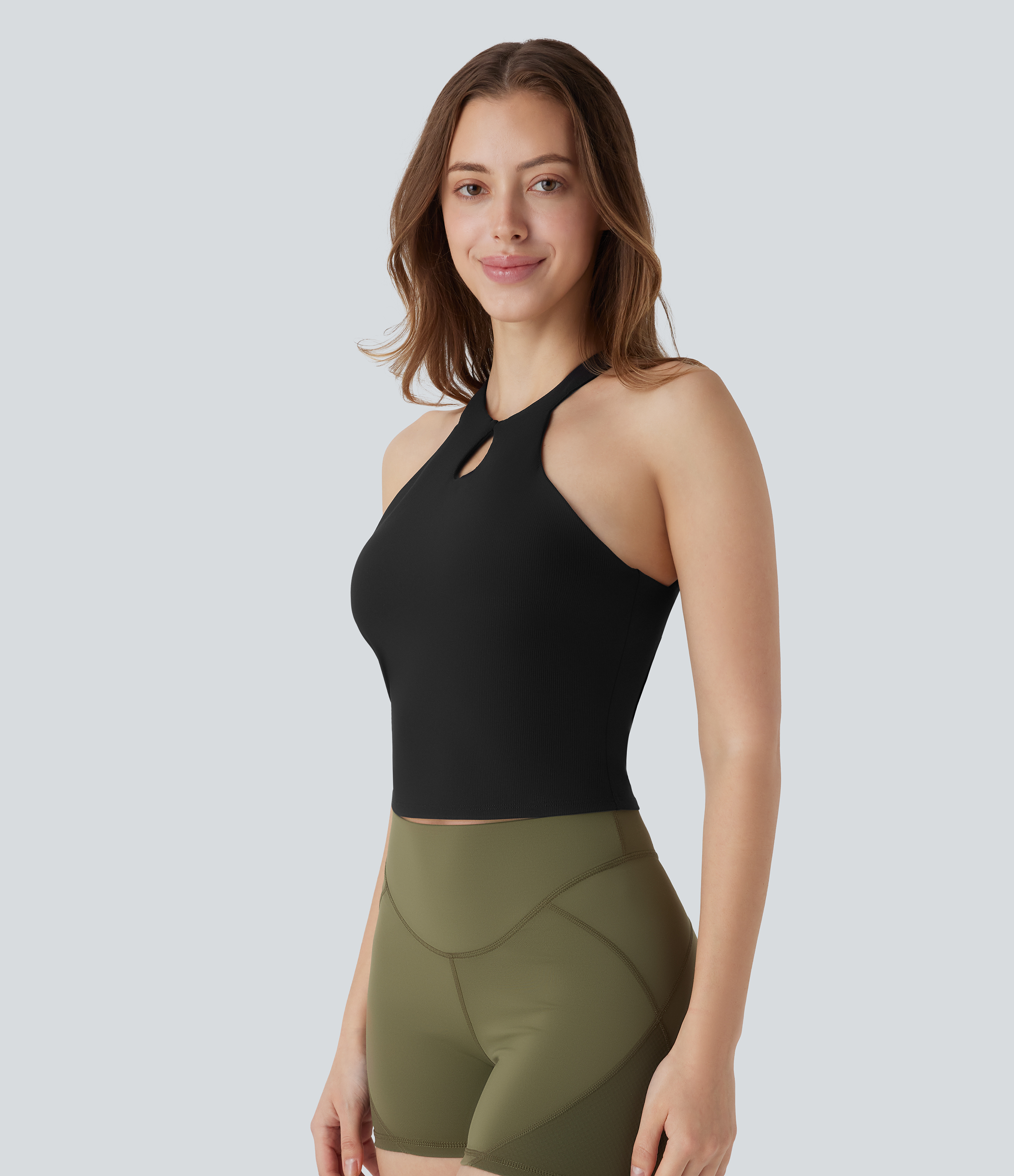 Halara Patitoffв„ў Flow Pet Hair Resistant Halter Cut Out Backless Cropped Yoga Tank Top Tank Top - Black - S golf tops halter top tunic tops 