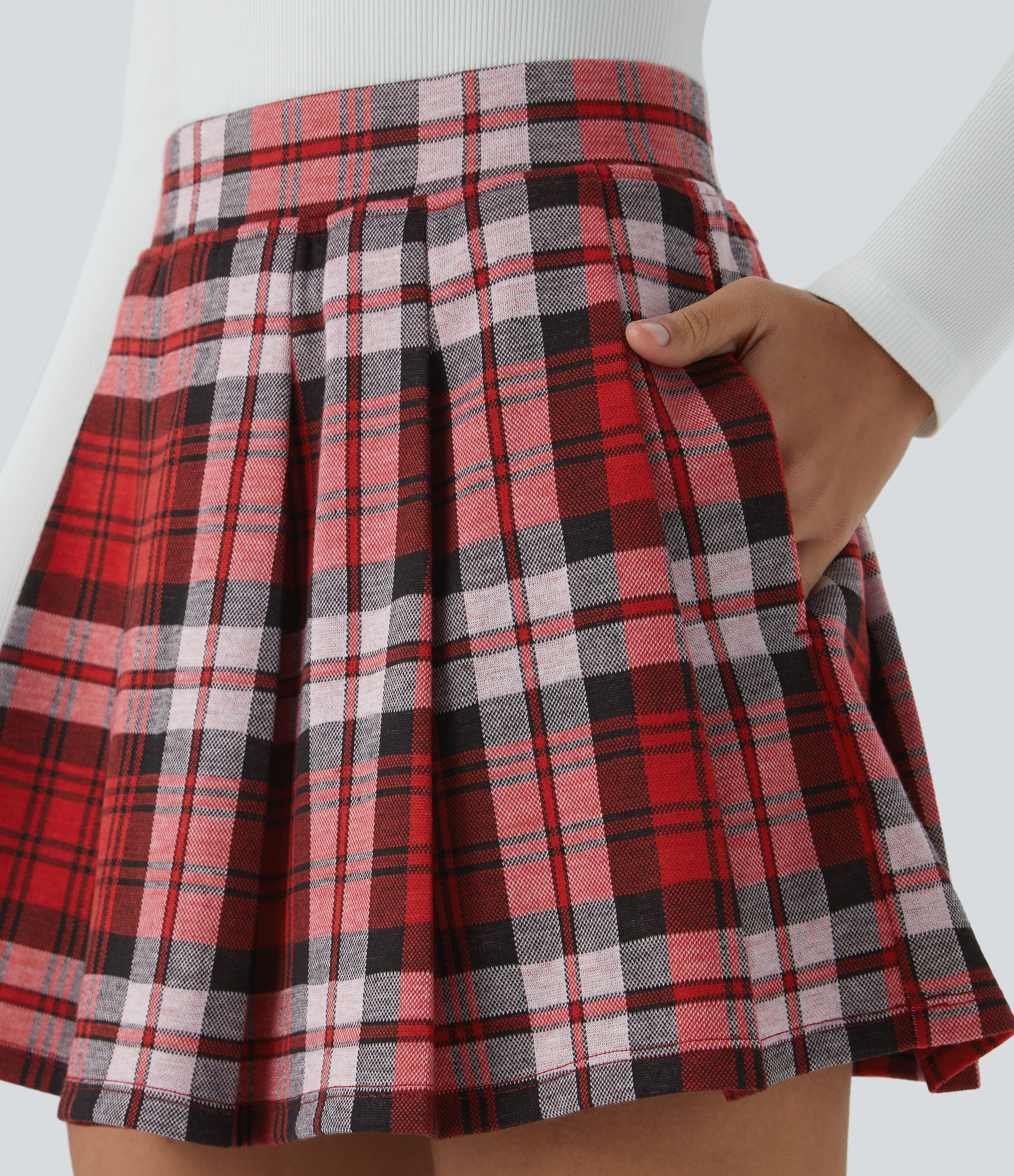 Halara High Waisted Side Pocket 2-in-1 Plaid Pleated Mini Casual Skirt  - Light Red Plaid - M(regular) 