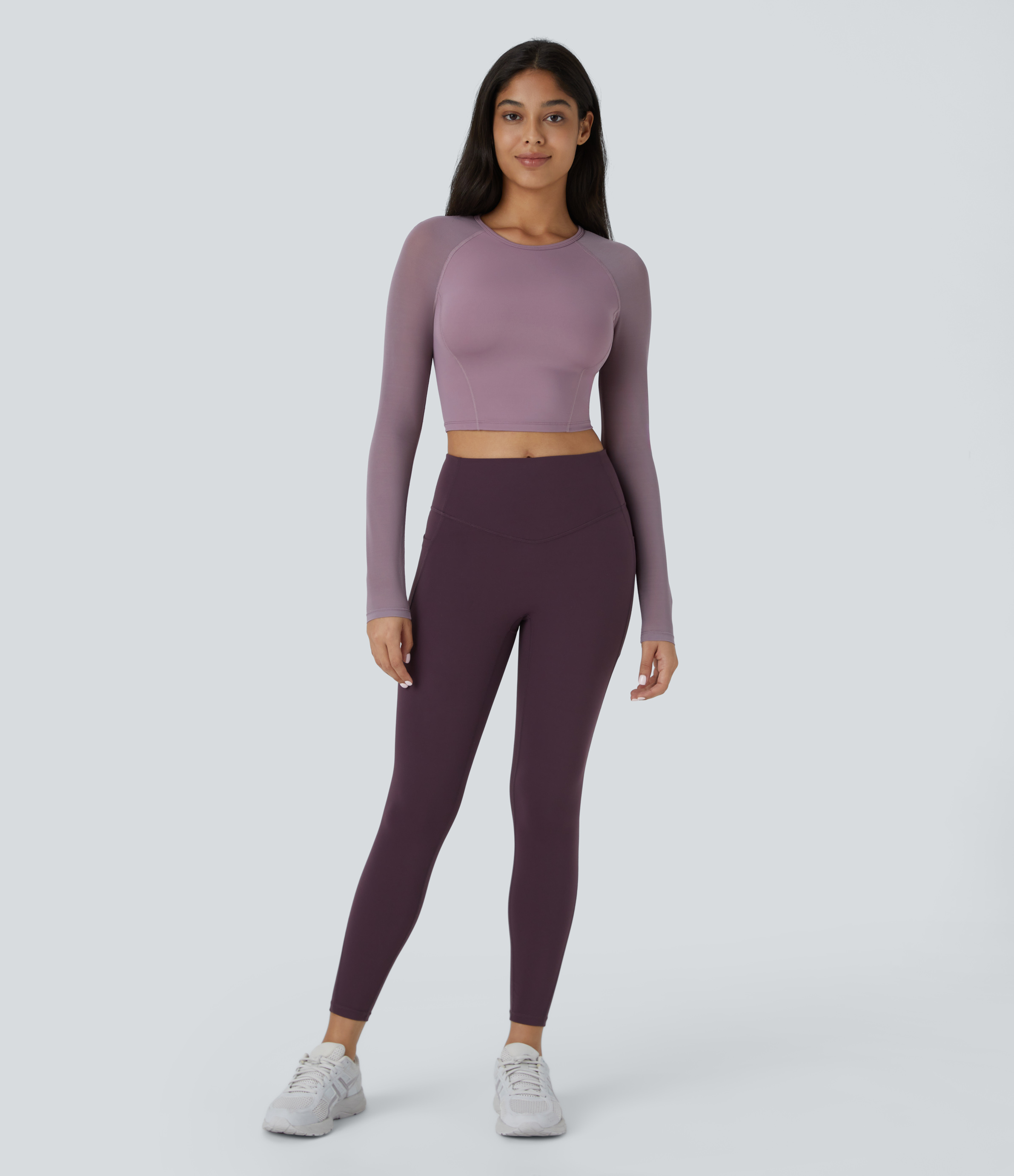 Halara Softlyzeroв„ў Airy Contrast Mesh Sleeve Cropped Cool Touch Yoga Sports Top  - Elderberry - XL 