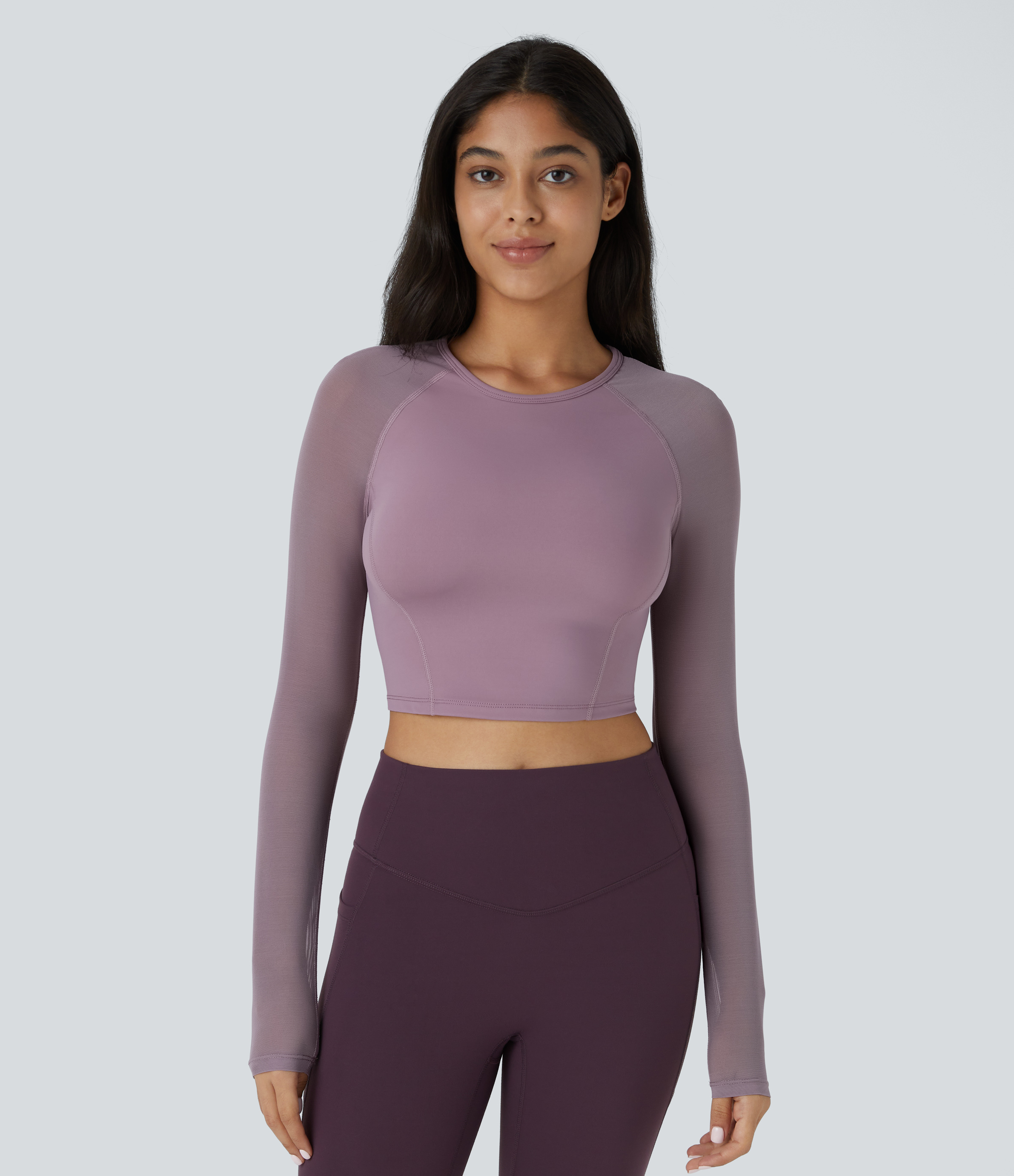Halara Softlyzeroв„ў Airy Contrast Mesh Sleeve Cropped Cool Touch Yoga Sports Top  - Elderberry - XL 