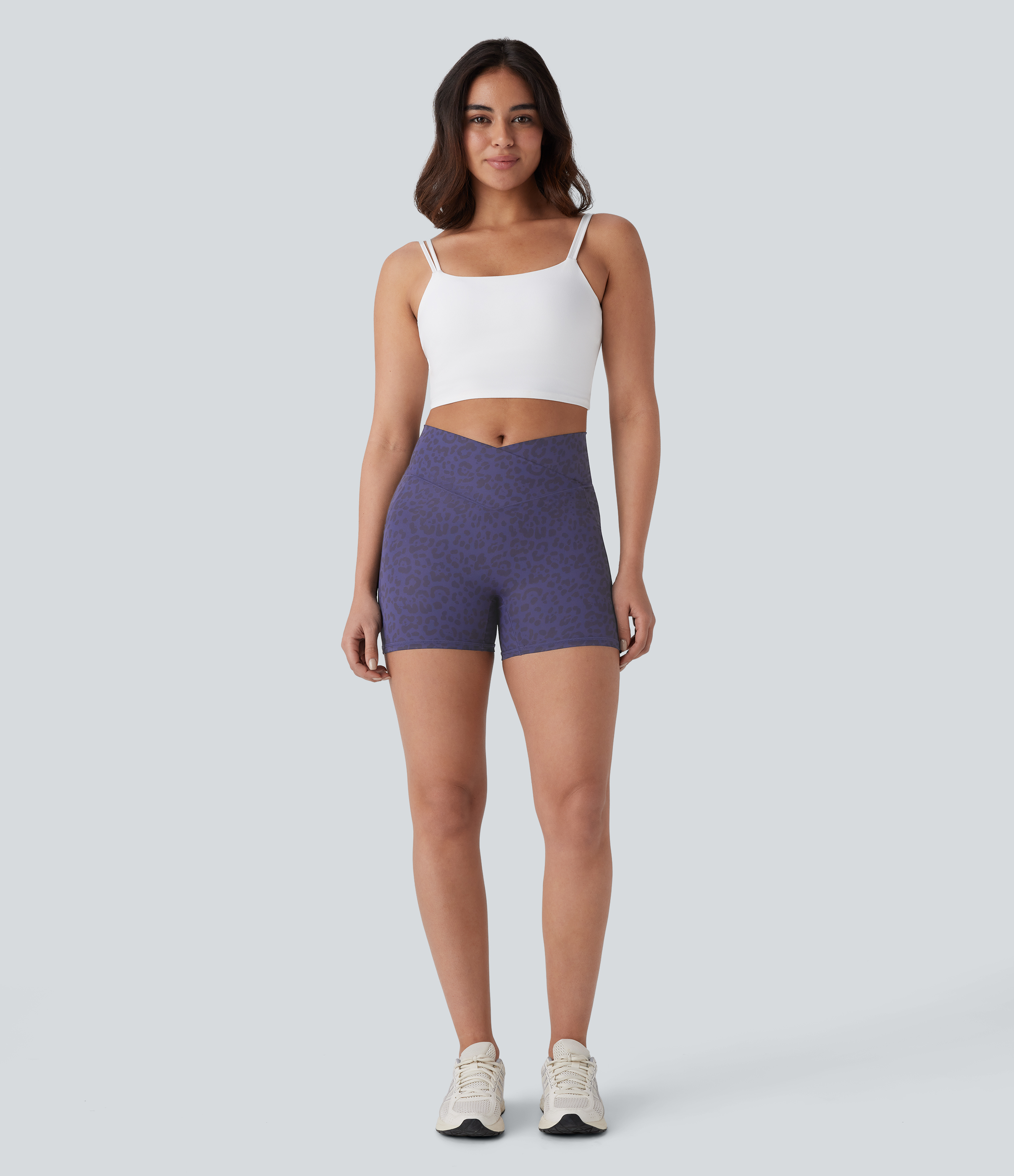 Halara Crossover High Waisted Side Pocket Leopard Print Yoga Biker Shorts 4``  - Dark Blue Leopard Print - XS biker shorts women 