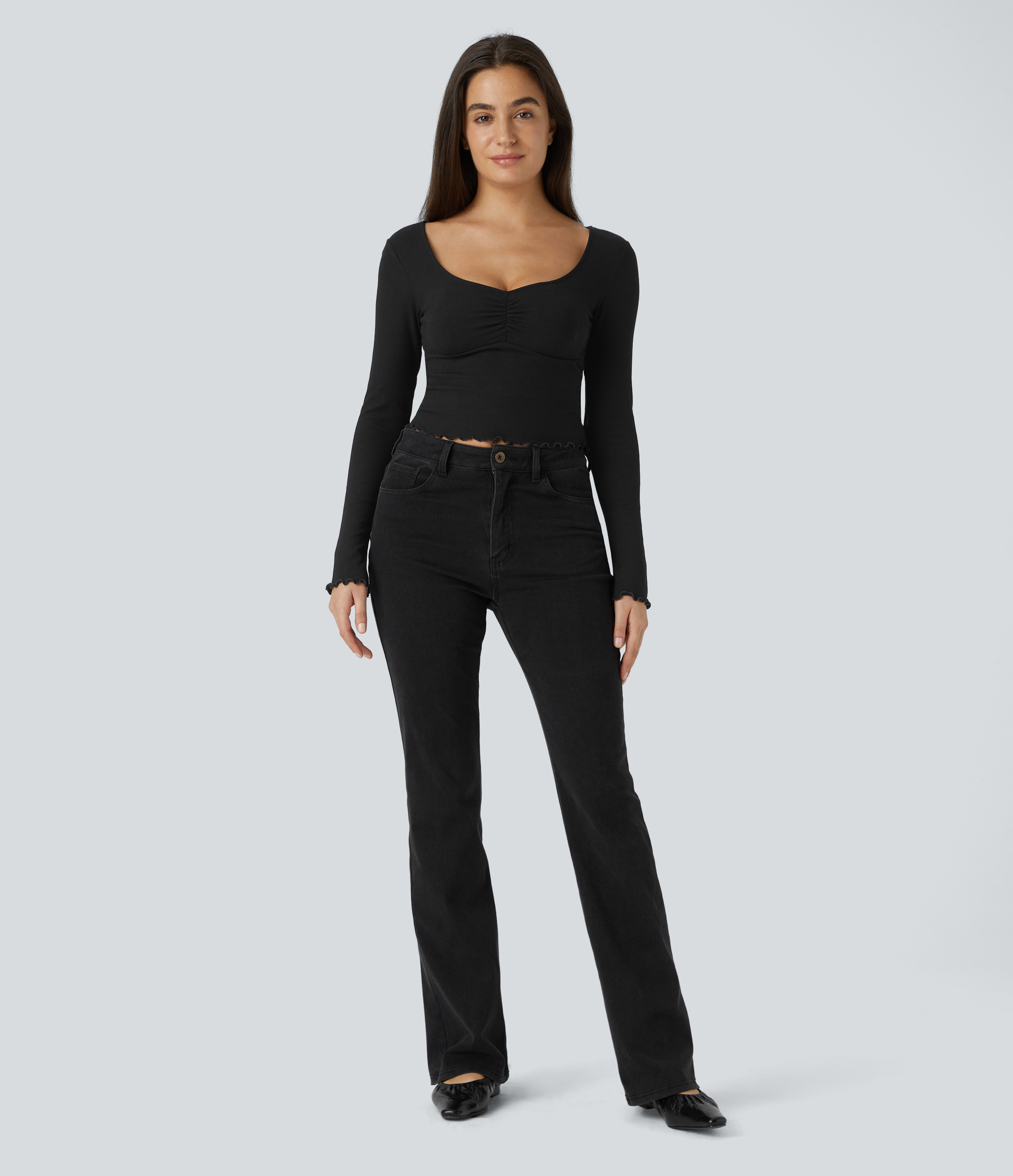 Halara Ribbed Knit Frill Ruched Long Sleeve Cropped Casual Sports Top  - Black - XS 
