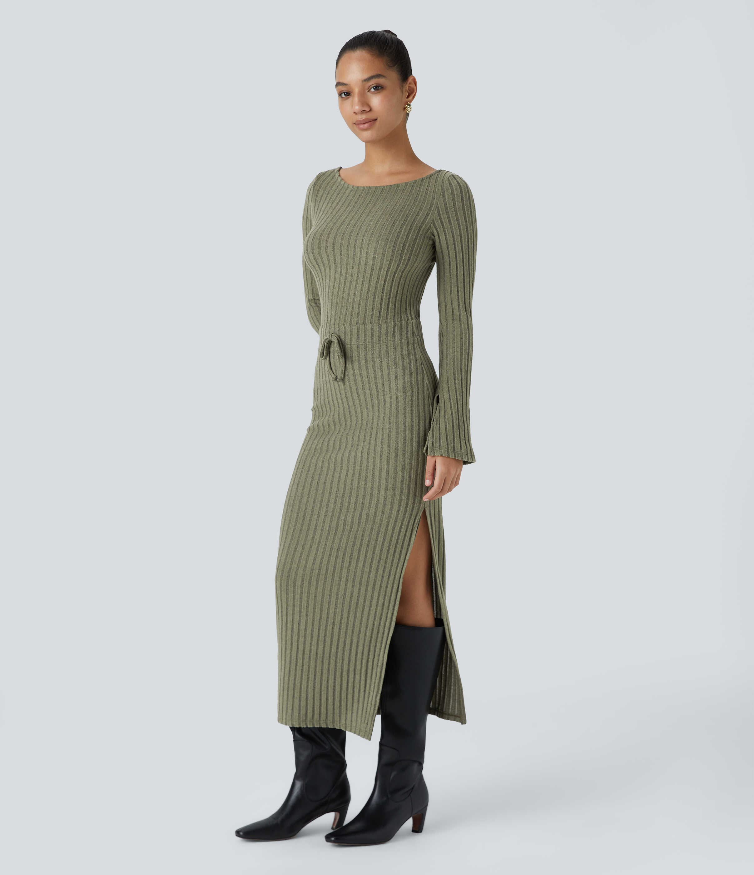 Halara Ribbed Knit Boat Neck Split Flare Long Sleeve Bow Bodycon Midi Casual Dress Casual Dress - Moss Green Floral Velvet - M slip dress 