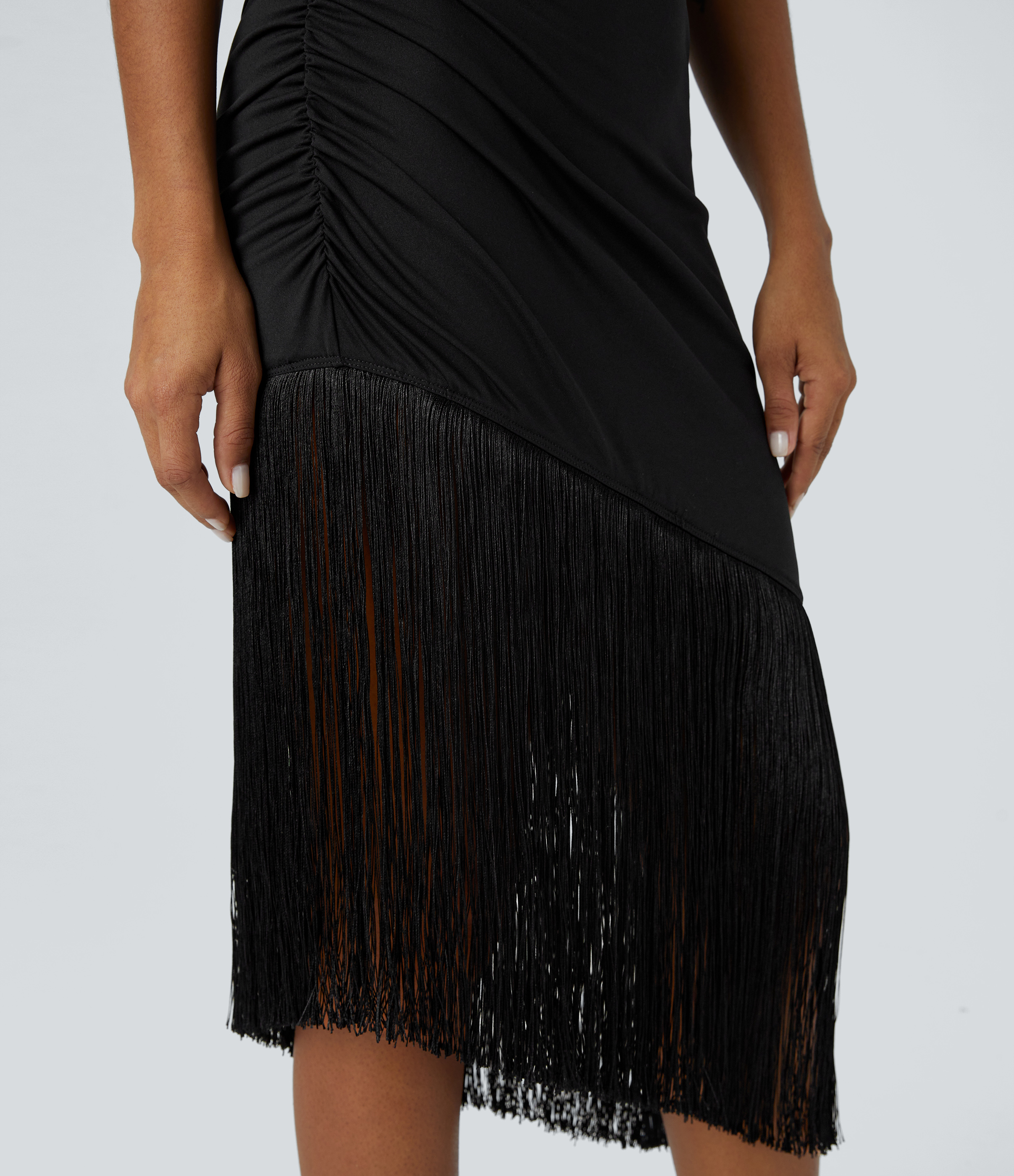 Halara Round Neck Sleeveless Ruched Fringe Bodycon Midi Resort Dress Casual Dress - Black - M slip dress beach dress ruched dress 