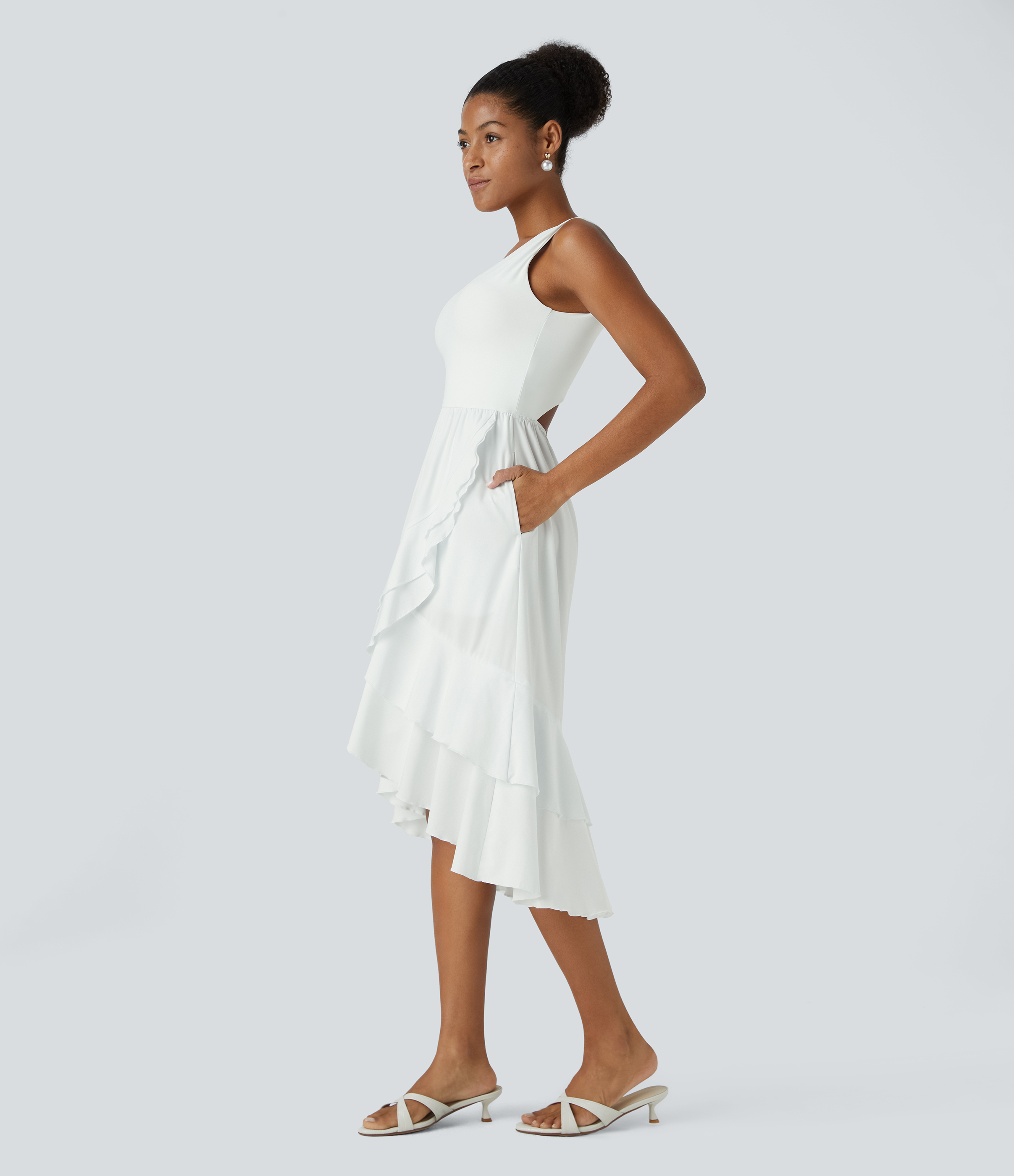 Halara Breezefulв„ў V Neck Backless Cut Out Side Pocket Plicated Ruffle Flowy Quick Dry Midi Bridesmaid And Wedding Guest Dress Casual Dress - White - XS 