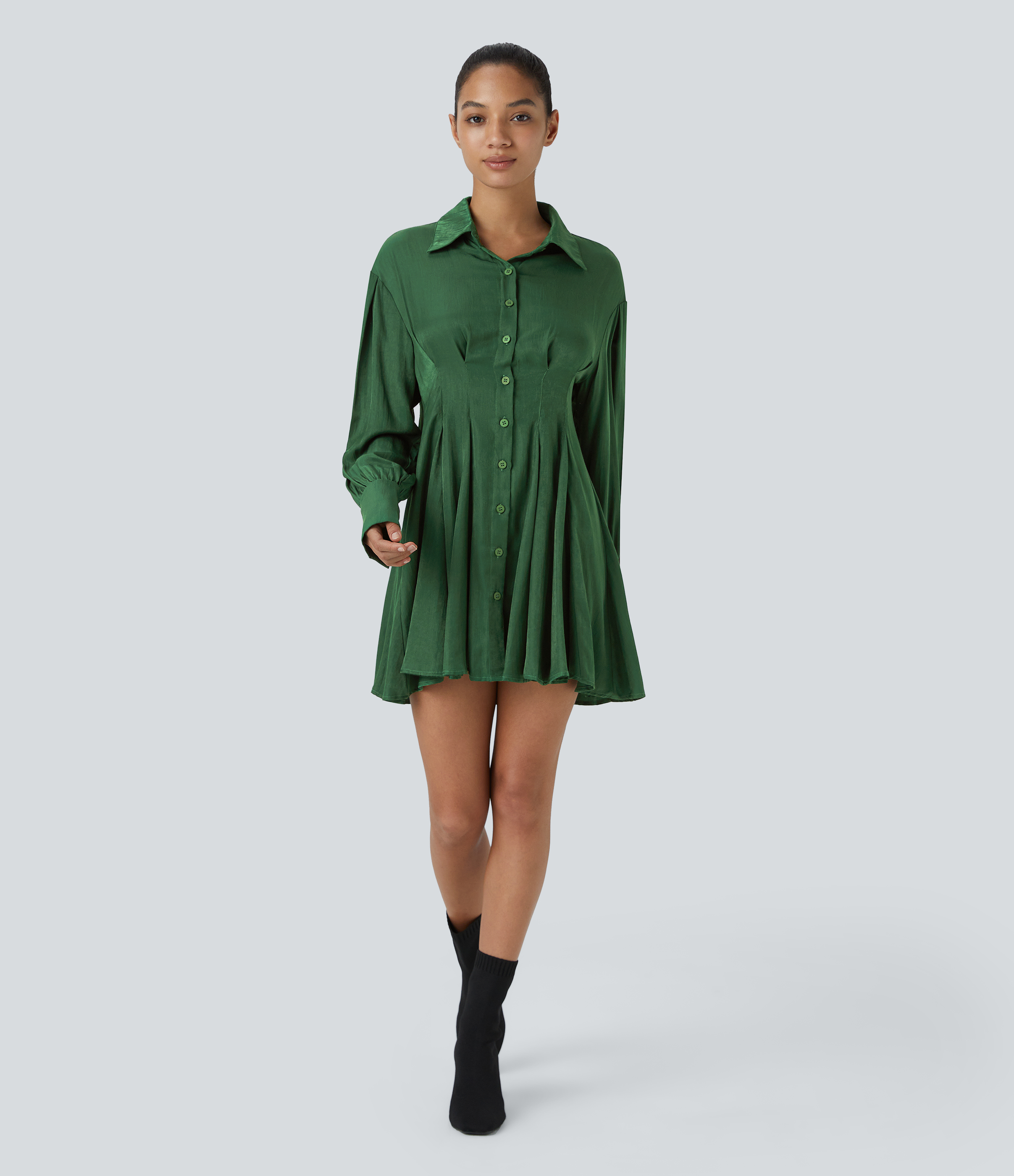 Halara Collared Long Sleeve Skater Mini Casual Shirt Dress Casual Dress - Eden - S slip dress beach dress ruched dress halter dress 
