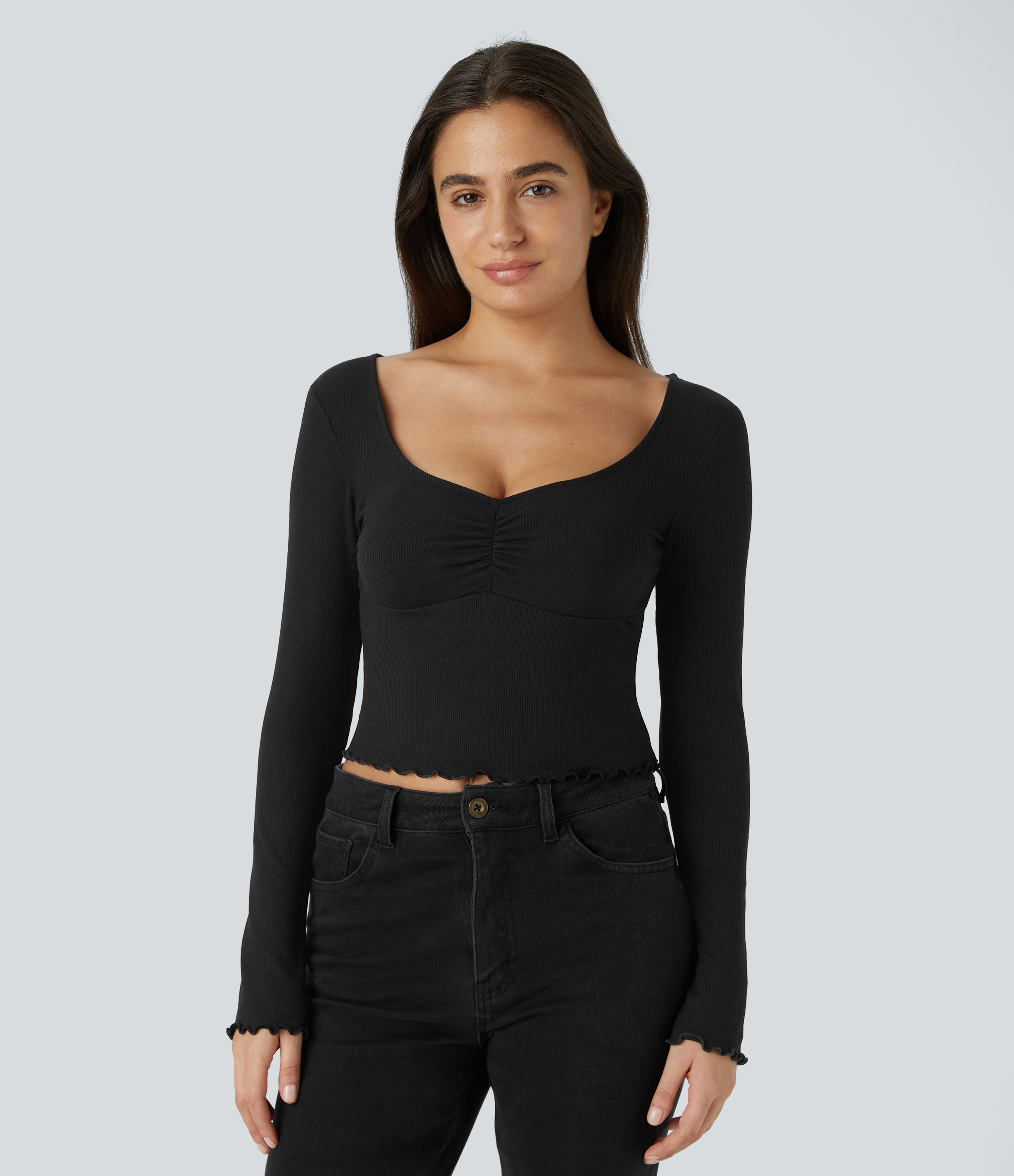 Halara Ribbed Knit Frill Ruched Long Sleeve Cropped Casual Sports Top  - Black - XS 