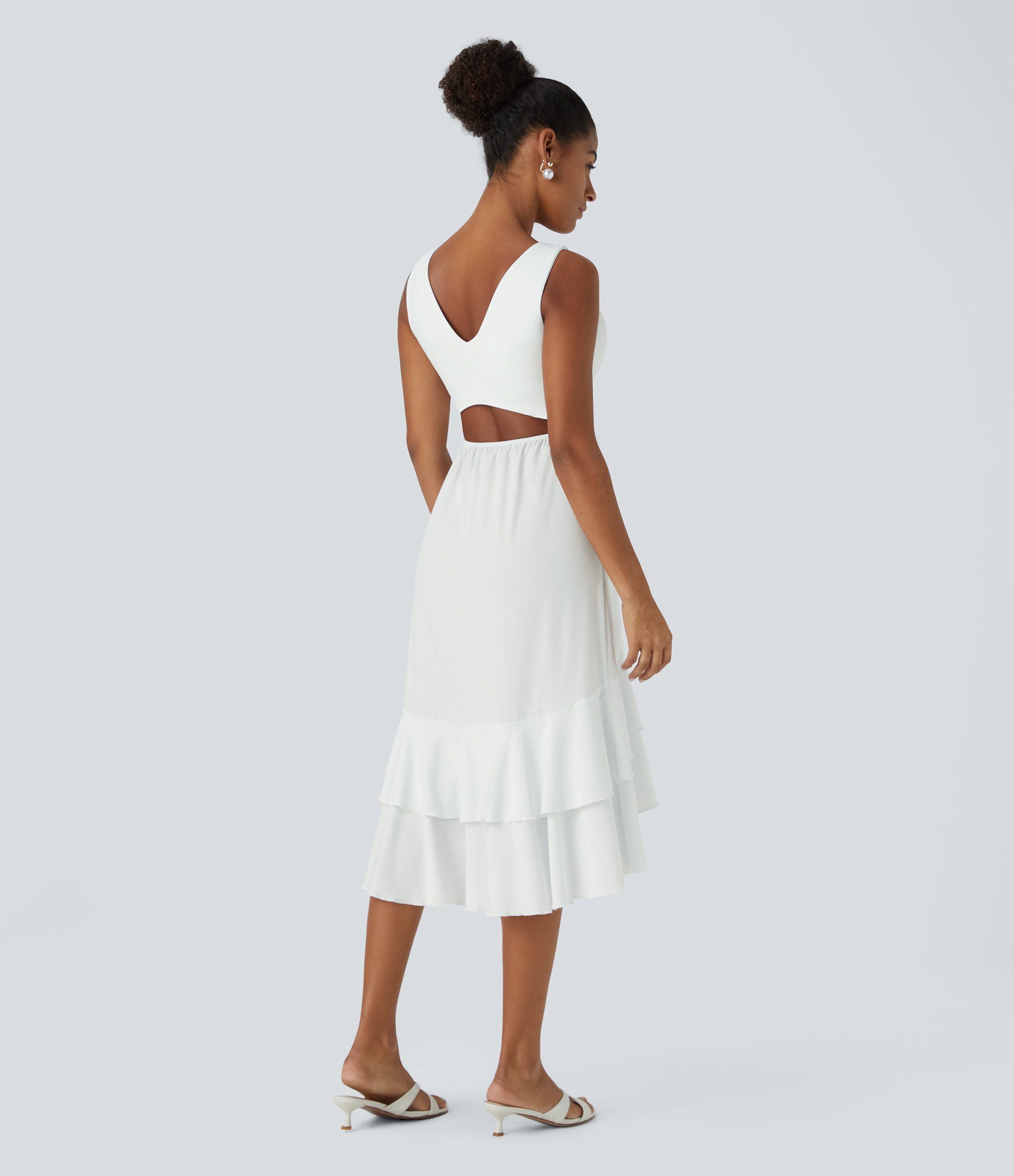 Halara Breezefulв„ў V Neck Backless Cut Out Side Pocket Plicated Ruffle Flowy Quick Dry Midi Bridesmaid And Wedding Guest Dress Casual Dress - White - XS 