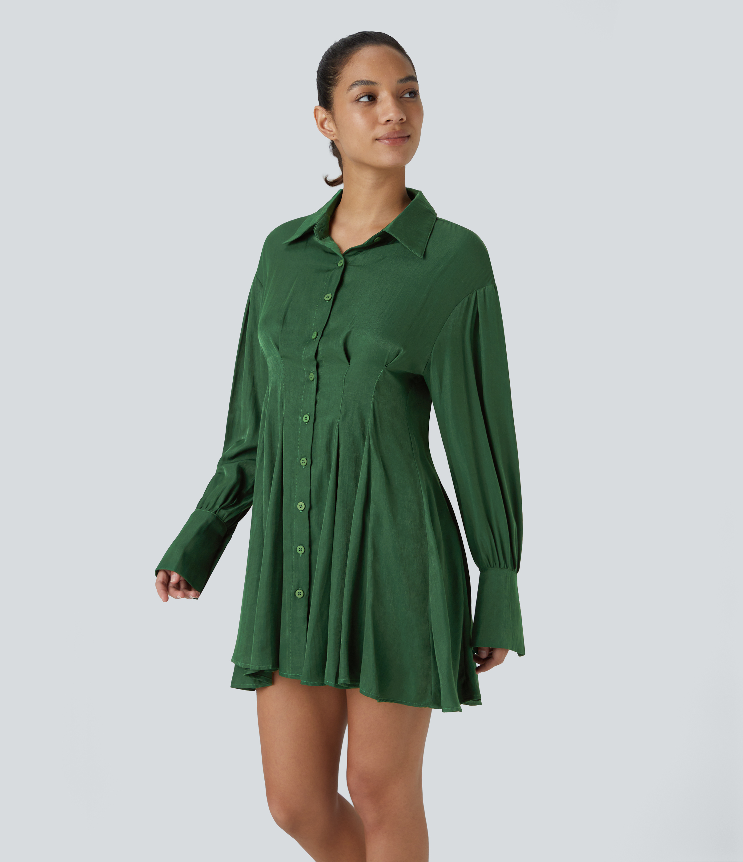 Halara Collared Long Sleeve Skater Mini Casual Shirt Dress Casual Dress - Eden - S slip dress beach dress ruched dress halter dress 
