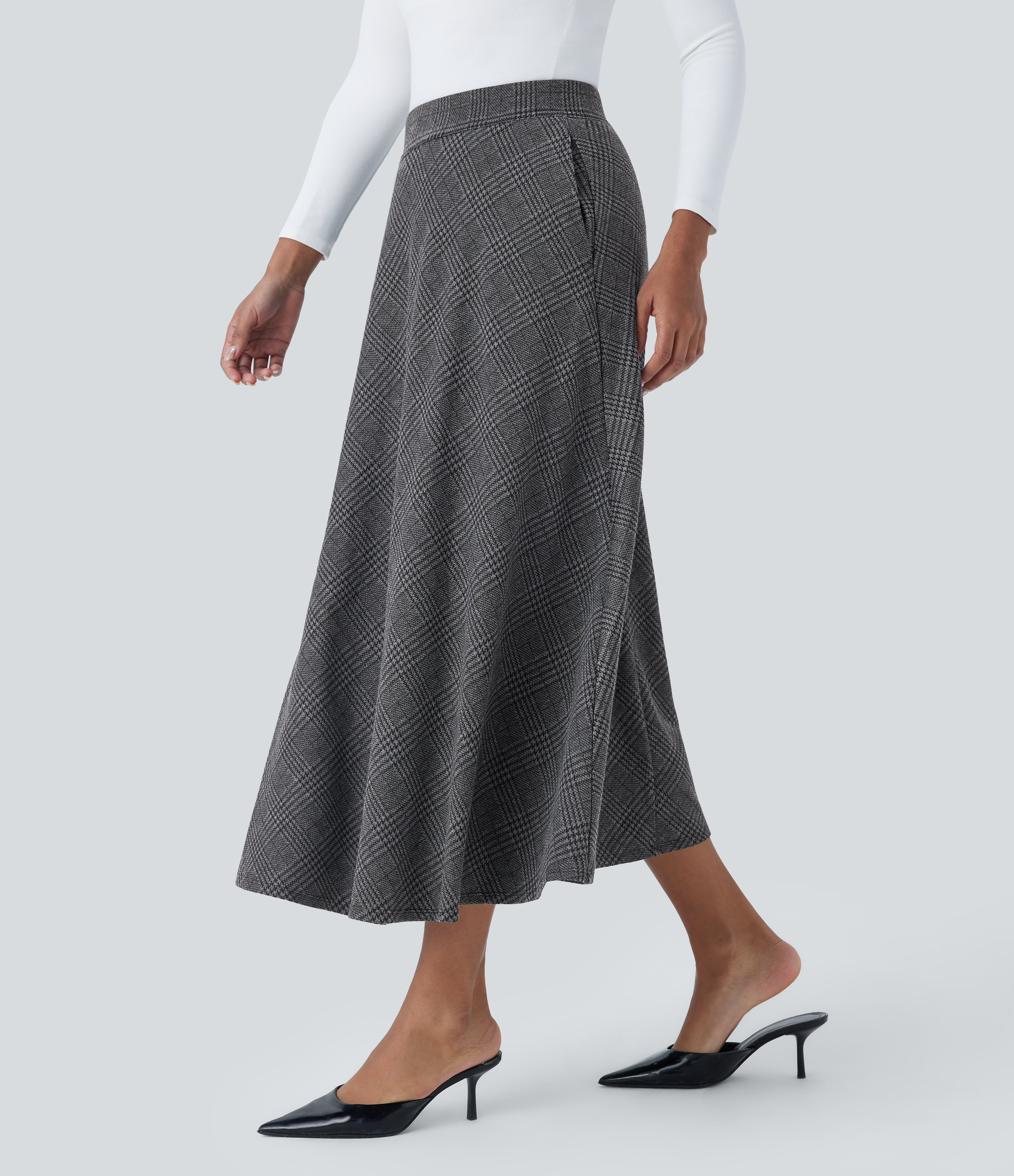 Halara High Waisted Side Pocket Houndstooth Plaid Flare Midi Casual Skirt  - Charcoal Black Houndstooth Plaid - M(regular) 