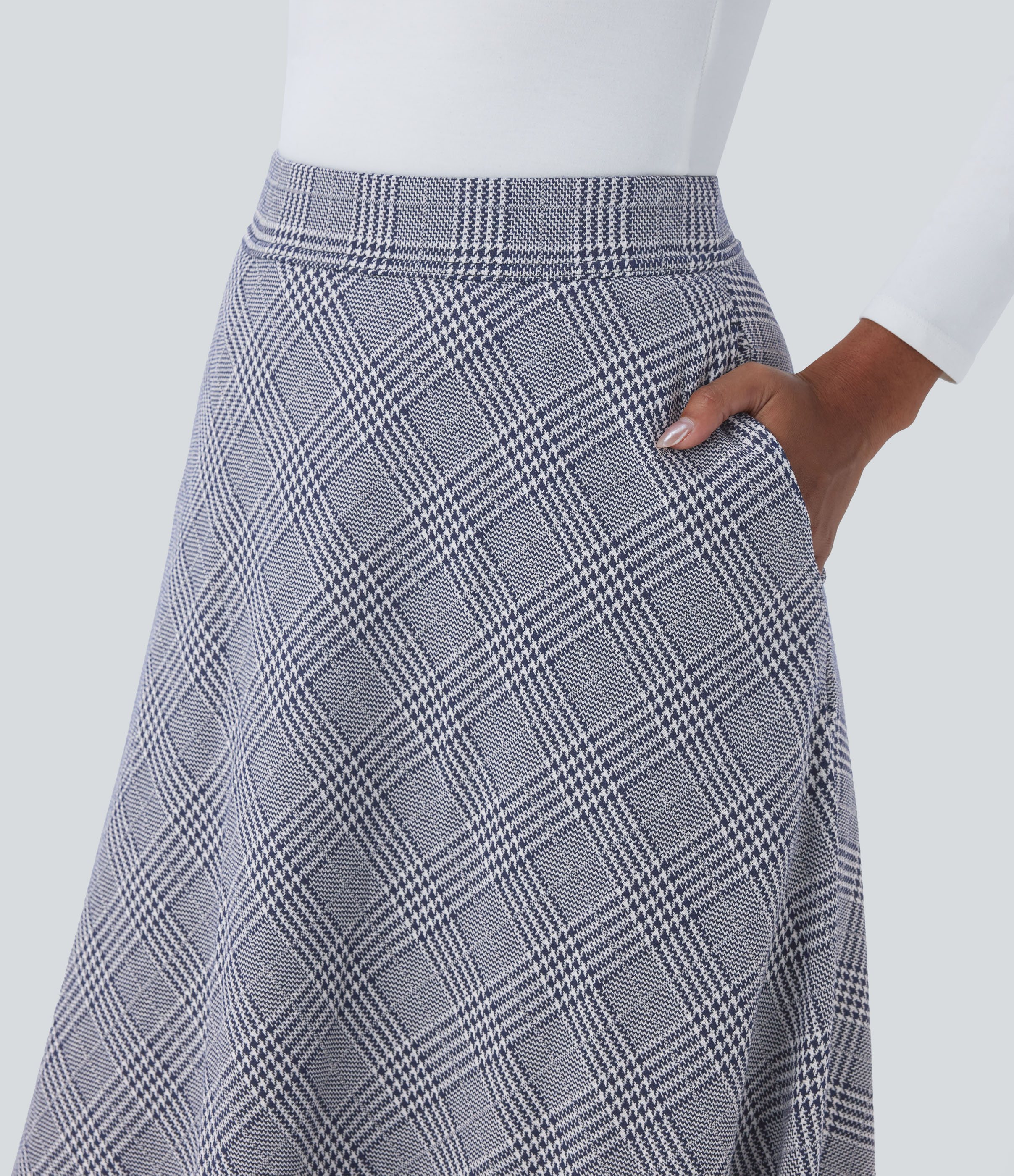 Halara High Waisted Side Pocket Houndstooth Plaid Flare Midi Casual Skirt  - Navy Blue Houndstooth Plaid - XS(regular) 