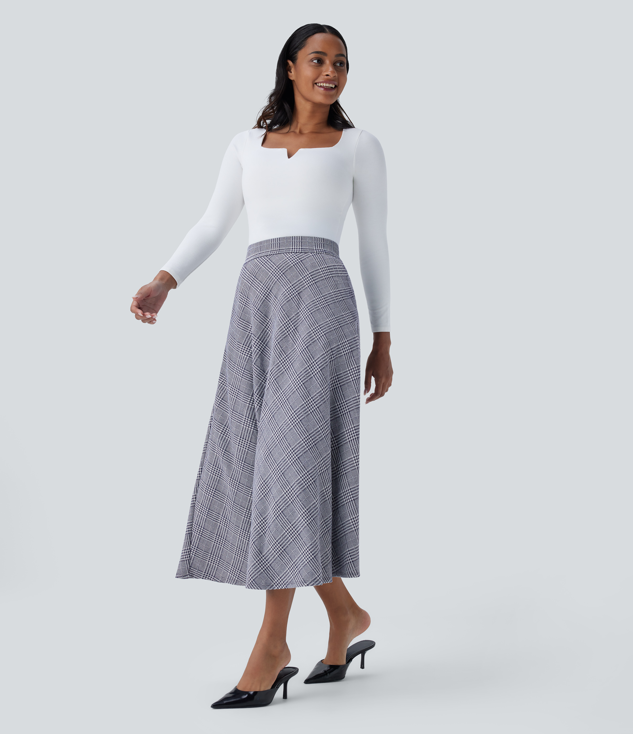 Halara High Waisted Side Pocket Houndstooth Plaid Flare Midi Casual Skirt  - Navy Blue Houndstooth Plaid - XS(regular) 