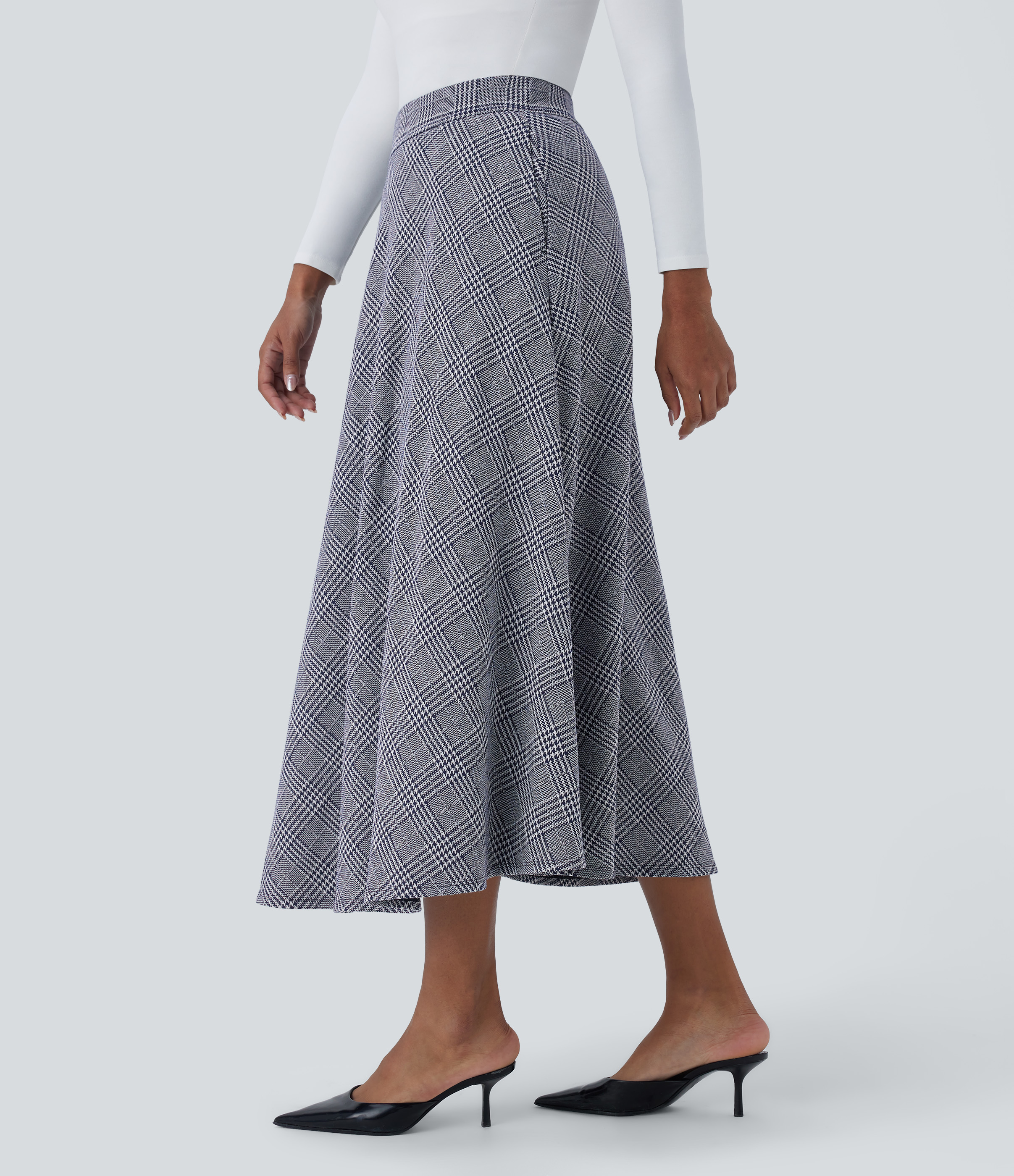 Halara High Waisted Side Pocket Houndstooth Plaid Flare Midi Casual Skirt  - Navy Blue Houndstooth Plaid - XS(regular) 