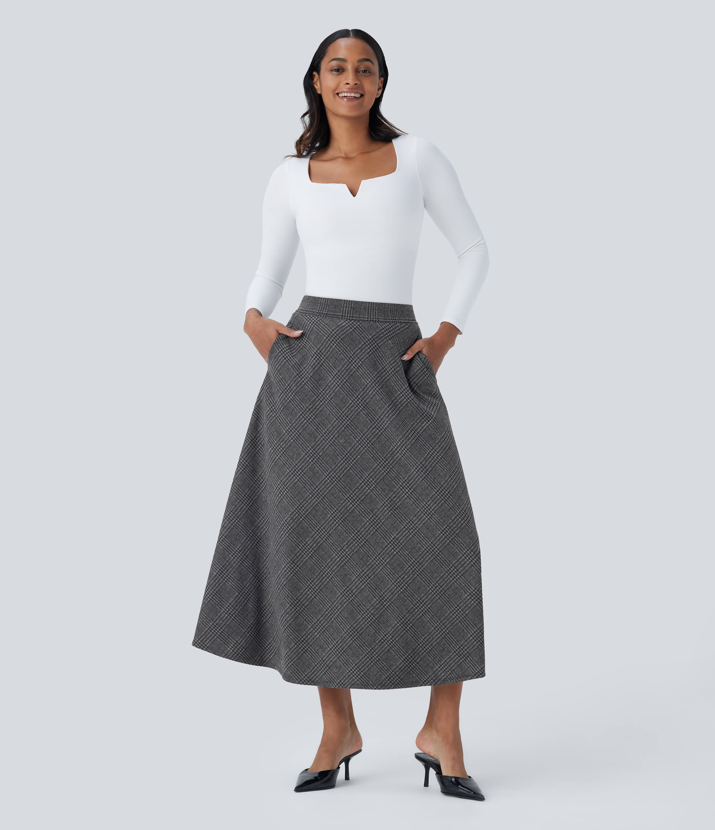 Halara High Waisted Side Pocket Houndstooth Plaid Flare Midi Casual Skirt  - Charcoal Black Houndstooth Plaid - M(regular) 
