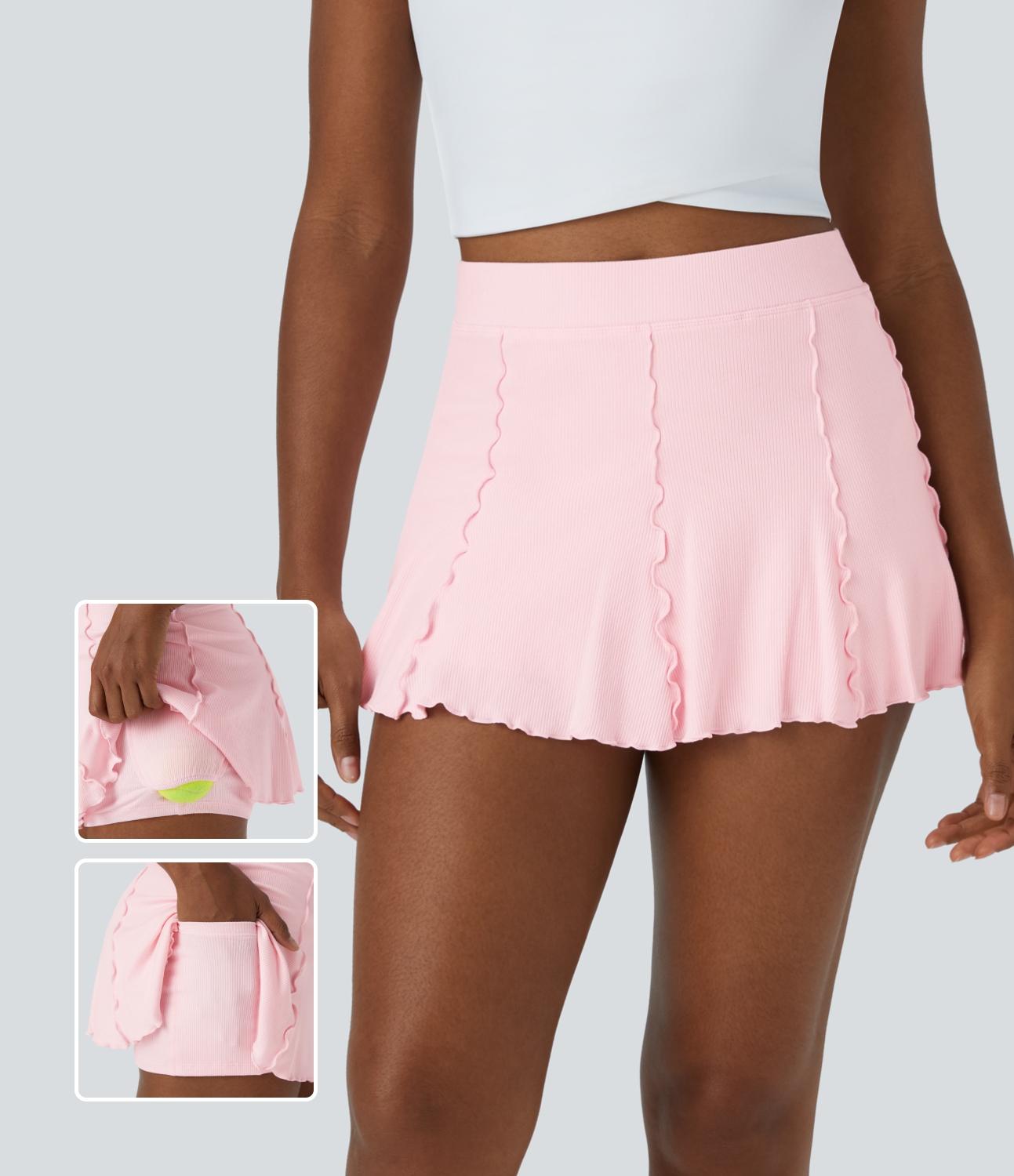 Halara Ribbed Knit High Waisted Contrast Trim Frill 2-in-1 Side Pocket Mini Tennis Skirt  - Rose Haze Pink - S(regular) 