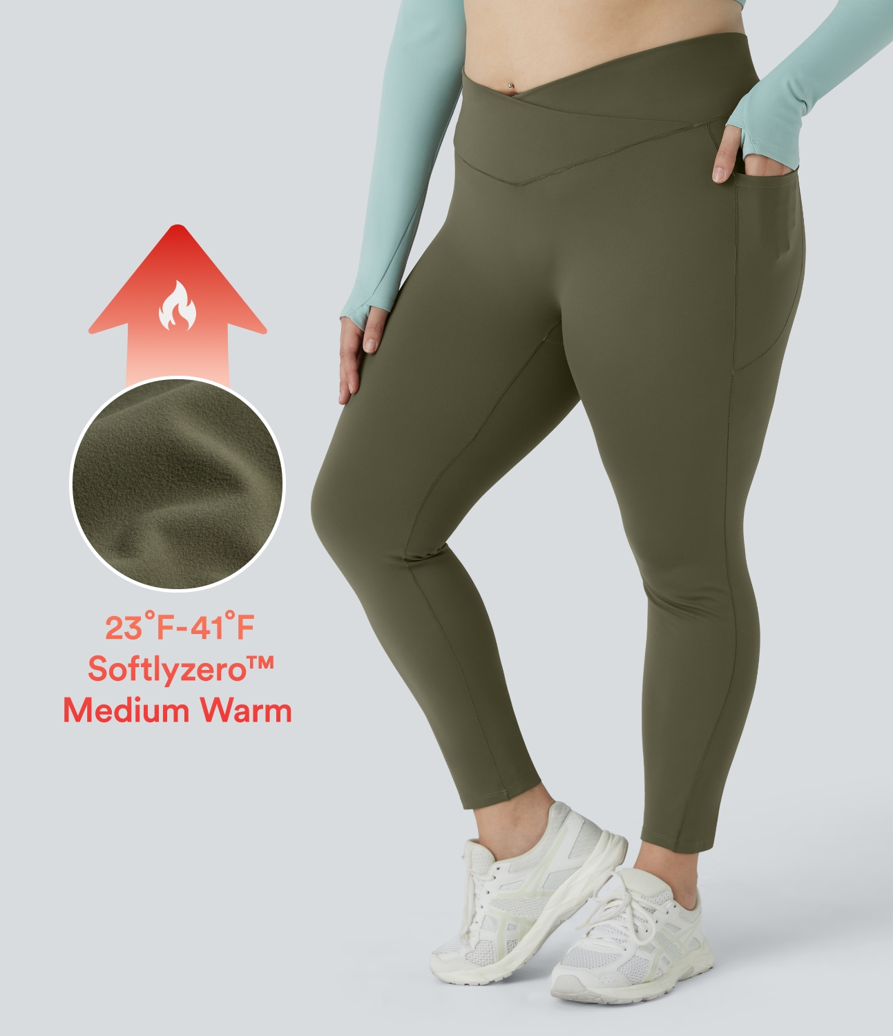 Halara Softlyzeroв„ў Fleece High Waisted Crossover Side Pocket Yoga Plus Size 7/8 Leggings  - Grass Grey Green - 2X 