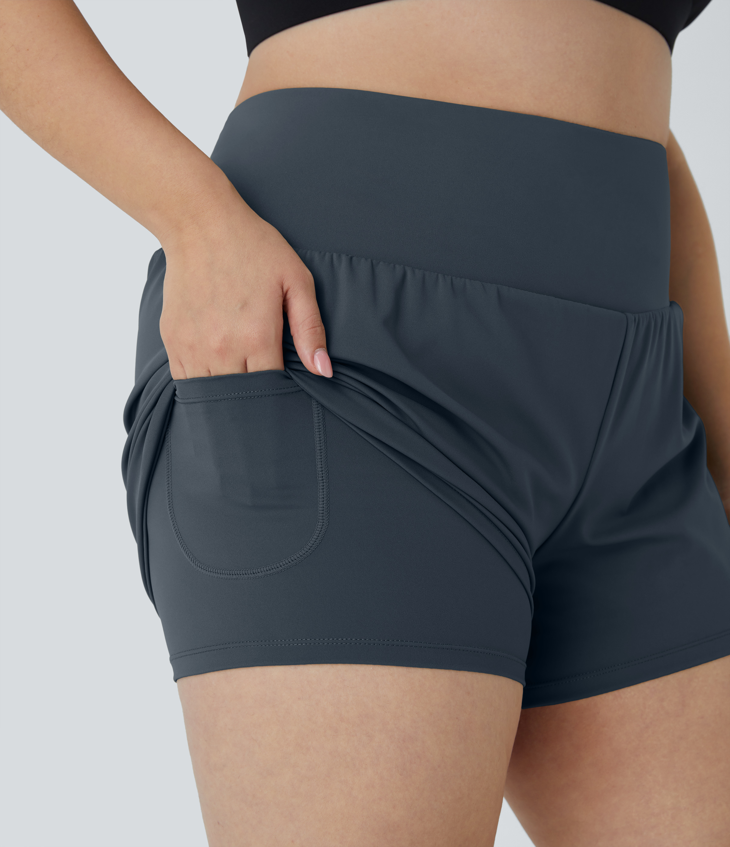 Halara Back Pocket Plus Side Hidden Pocket 2-in-1 Gym Plus Size Shorts 3.5``  - Mood Indigo - 3X 