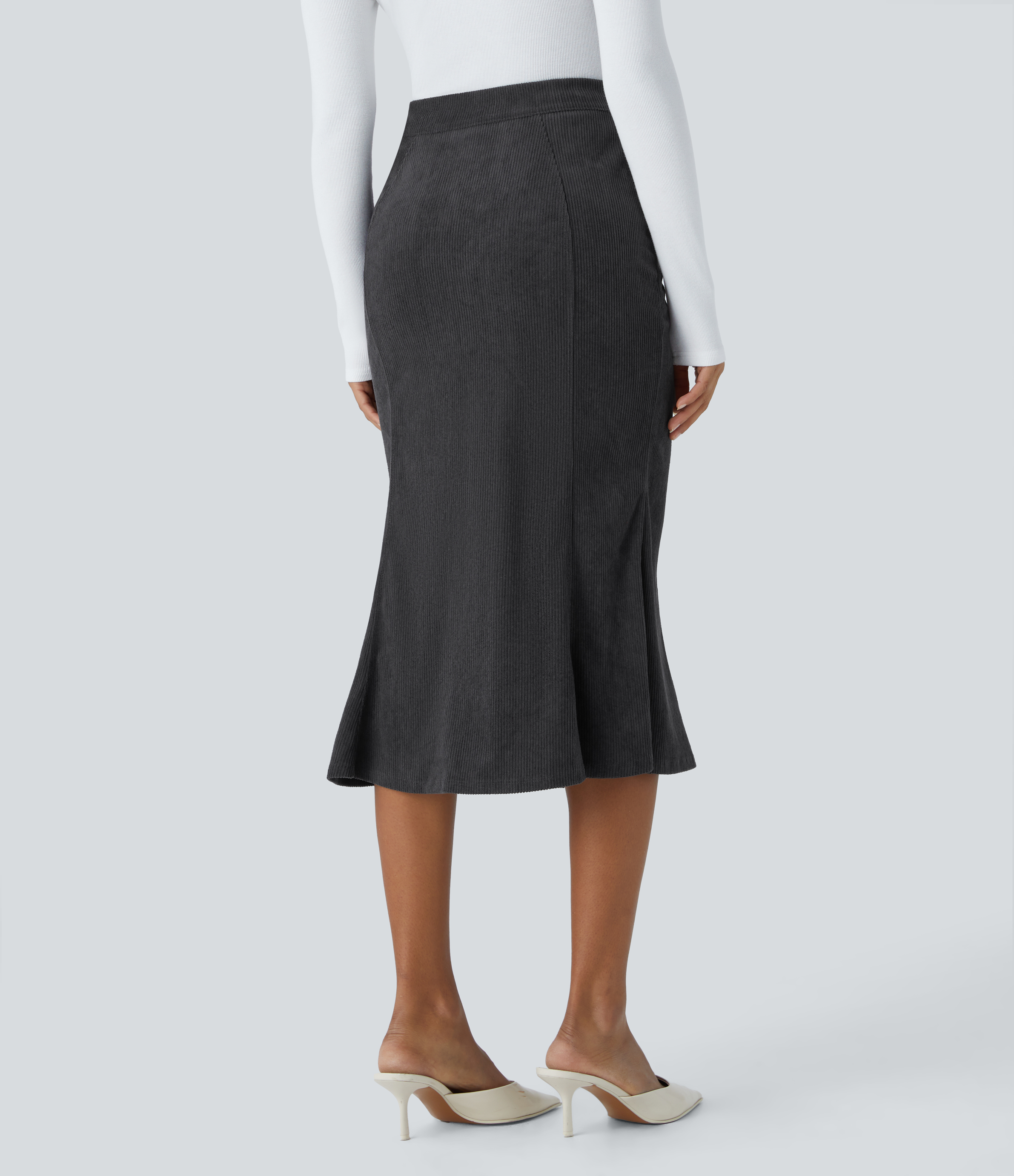 Halara High Waisted Side Pocket Invisible Zipper Midi Corduroy Casual Mermaid Skirt  - Phantom - S(regular) 