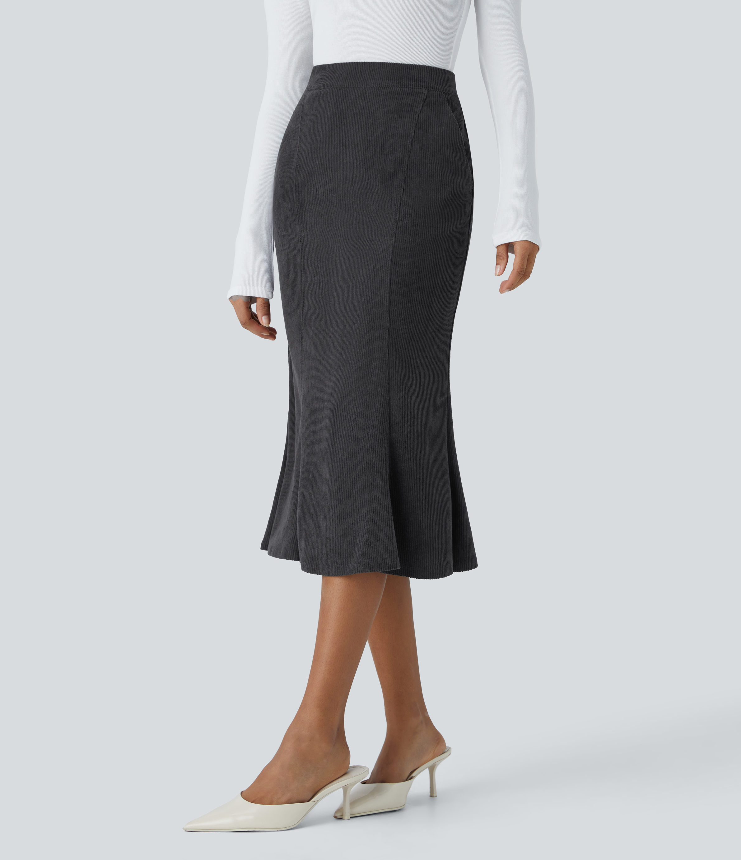 Halara High Waisted Side Pocket Invisible Zipper Midi Corduroy Casual Mermaid Skirt  - Phantom - S(regular) 