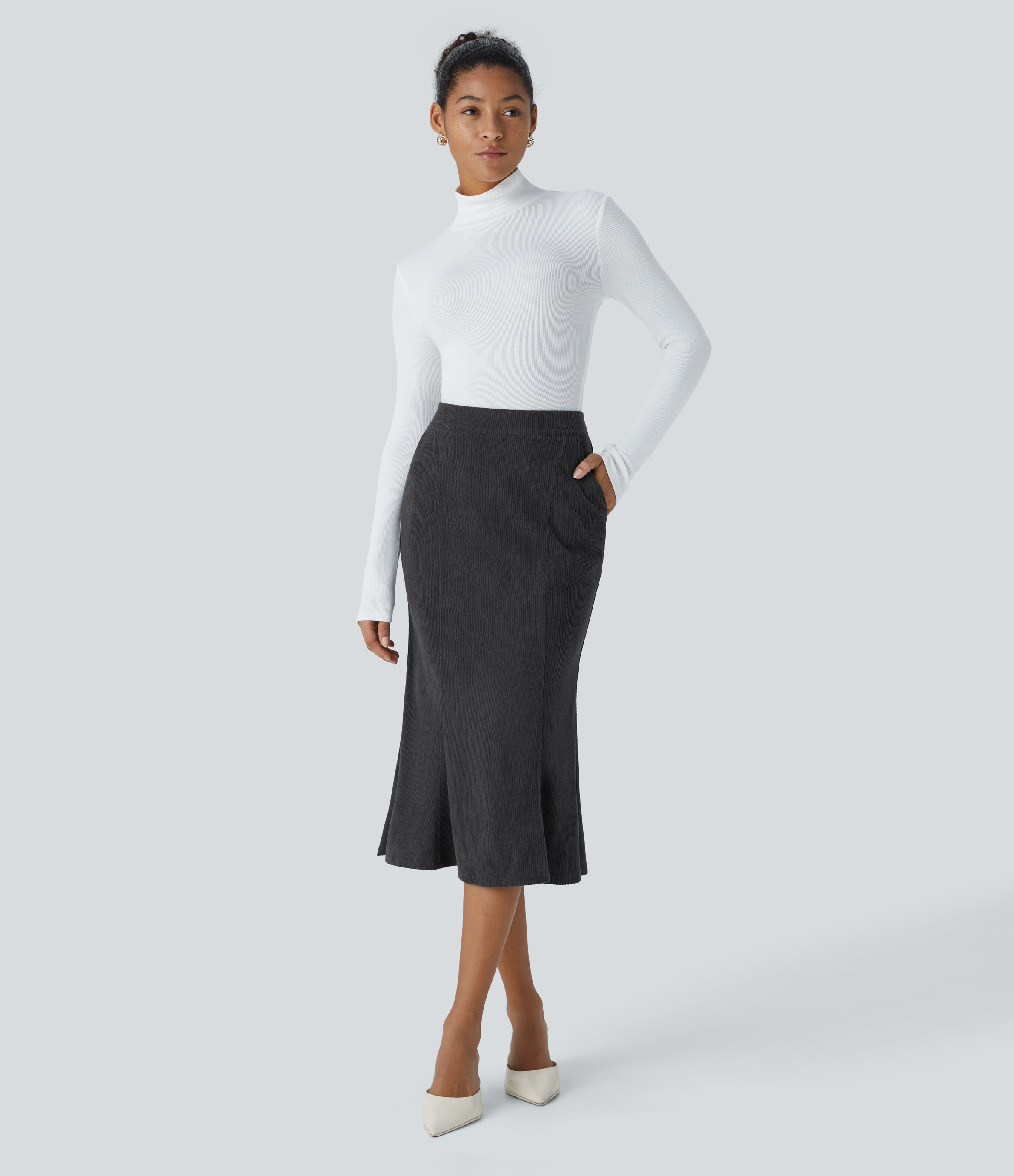Halara High Waisted Side Pocket Invisible Zipper Midi Corduroy Casual Mermaid Skirt  - Phantom - S(regular) 