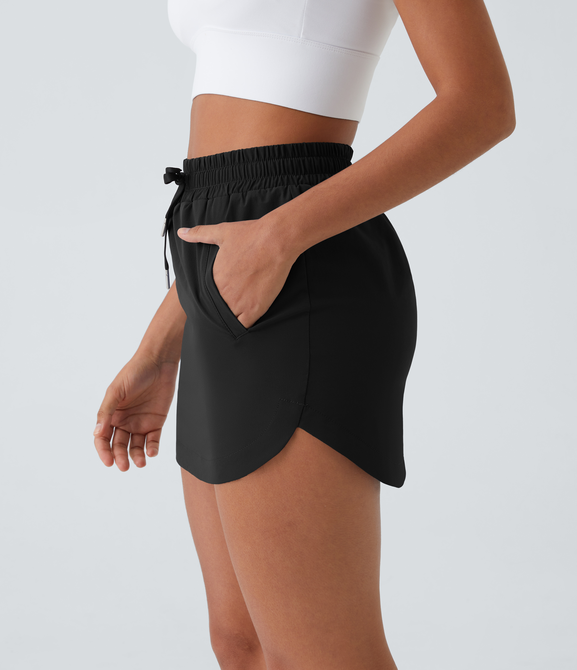 Halara High Waisted Drawstring Side Pocket 2-in-1 Curved Hem Mini Golf Skirt  - Black - L midi skirt a line skirt golfing skirt 