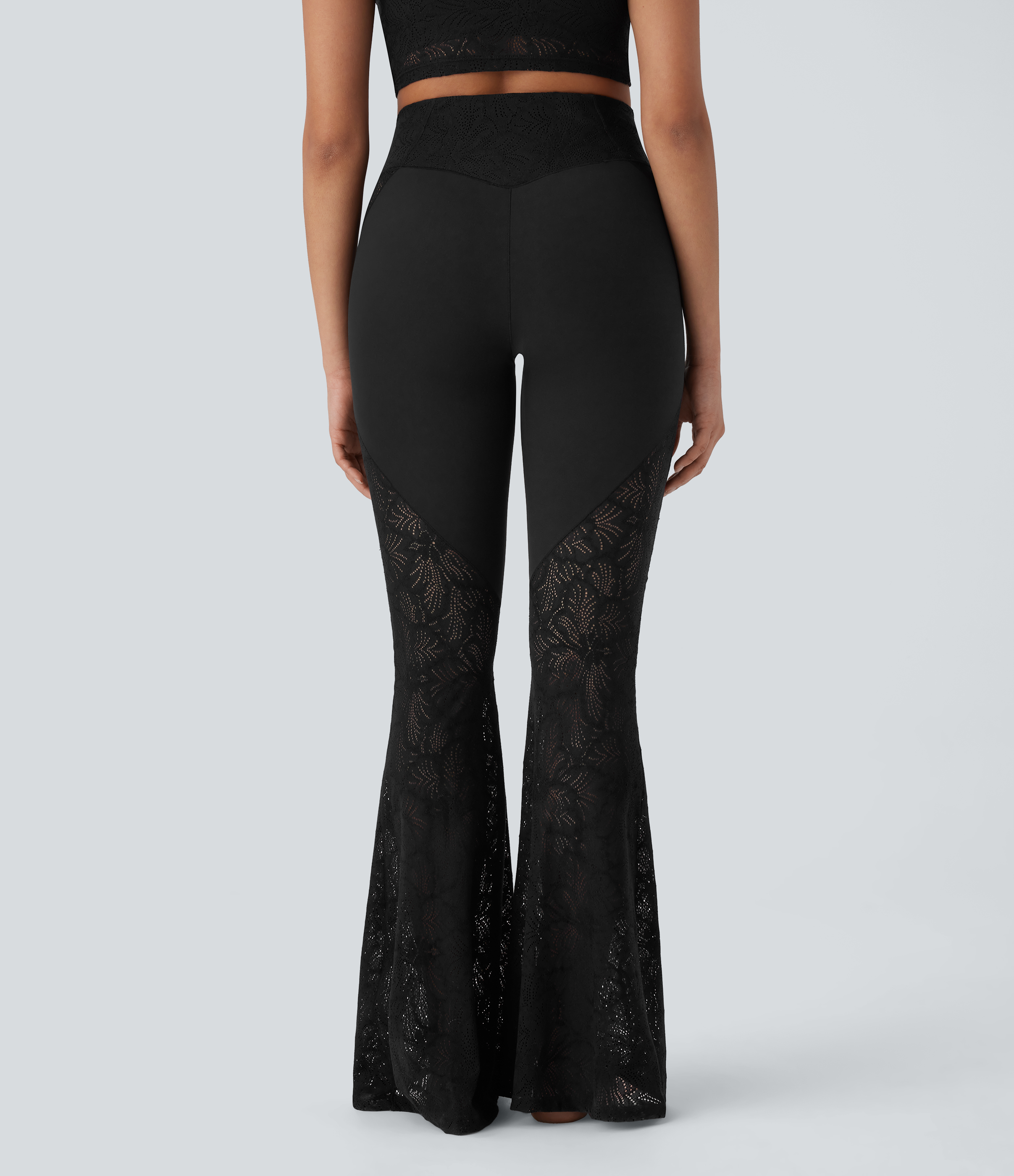 Negro Leggings de yoga acampanados Softlyzero™ de tiro alto con encaje en contrast y bolsillos traseros cruzados  / 2