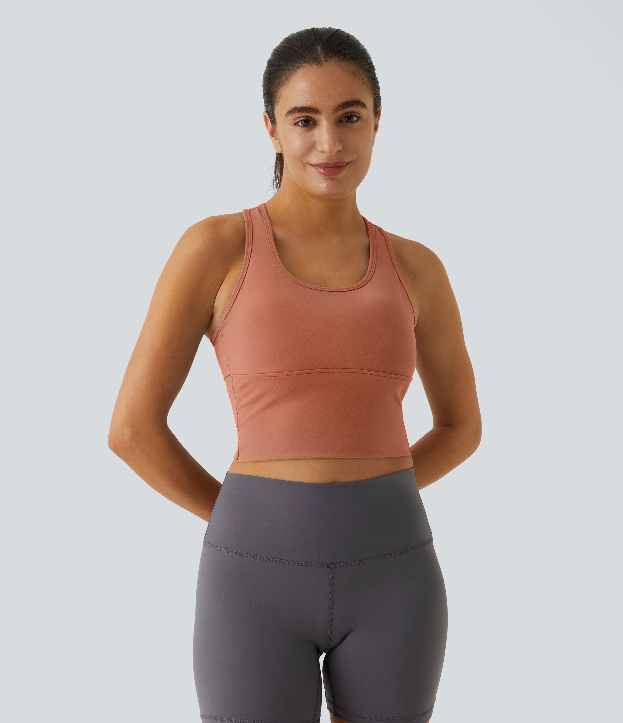 Halara In My Feels Cloudfulв„ў Fabric U Neck Backless Racerback Cut Out Cropped Yoga Tank Top Tank Top - Sun Baked - XS golf tops halter top 