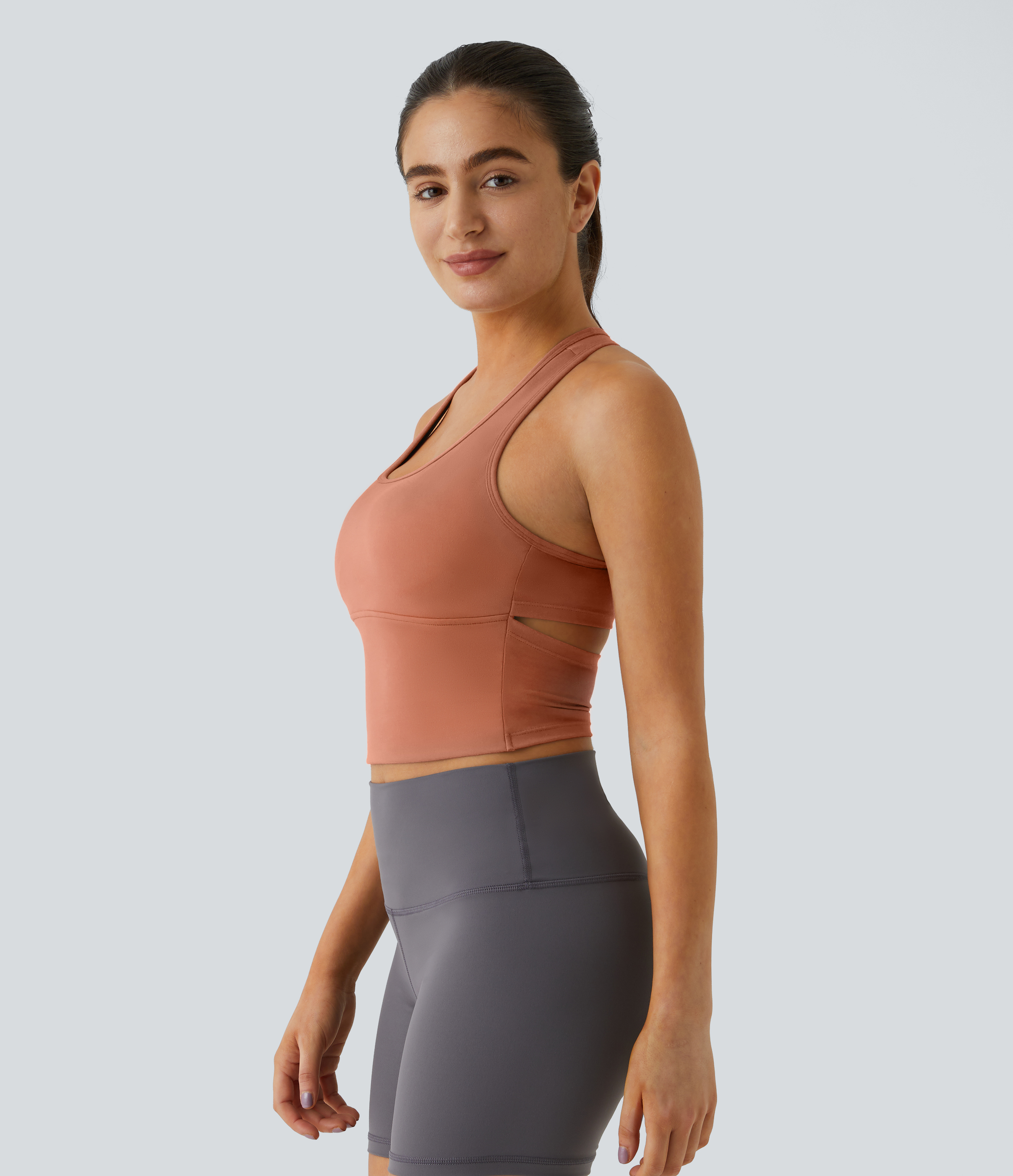 Halara In My Feels Cloudfulв„ў Fabric U Neck Backless Racerback Cut Out Cropped Yoga Tank Top Tank Top - Sun Baked - XS golf tops halter top 