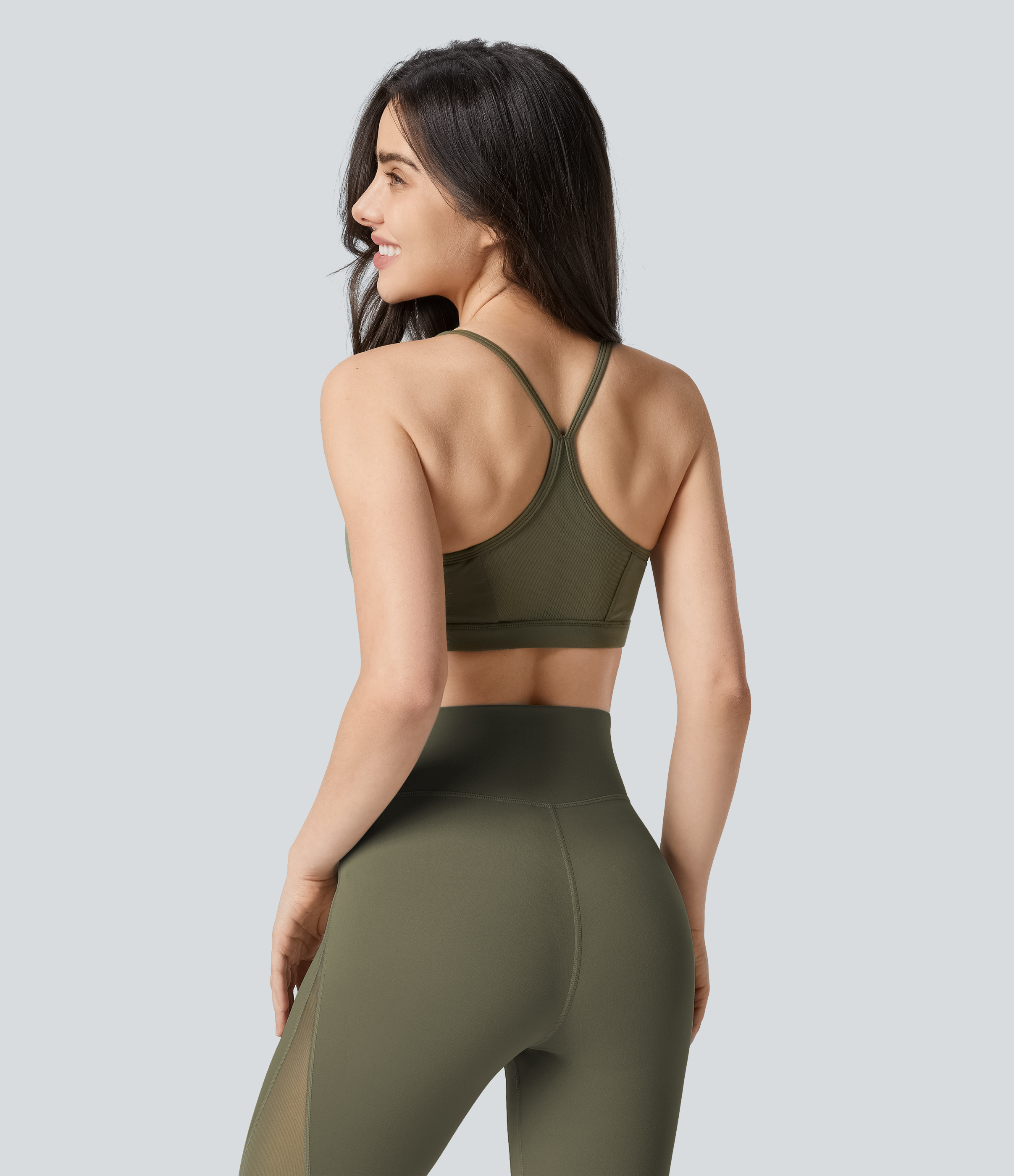 Halara Softlyzeroв„ў Low Support Contrast Mesh Y Back Yoga Sports Bra  - Grass Grey Green - L push up bra strapless bra backless bra sticky bra 