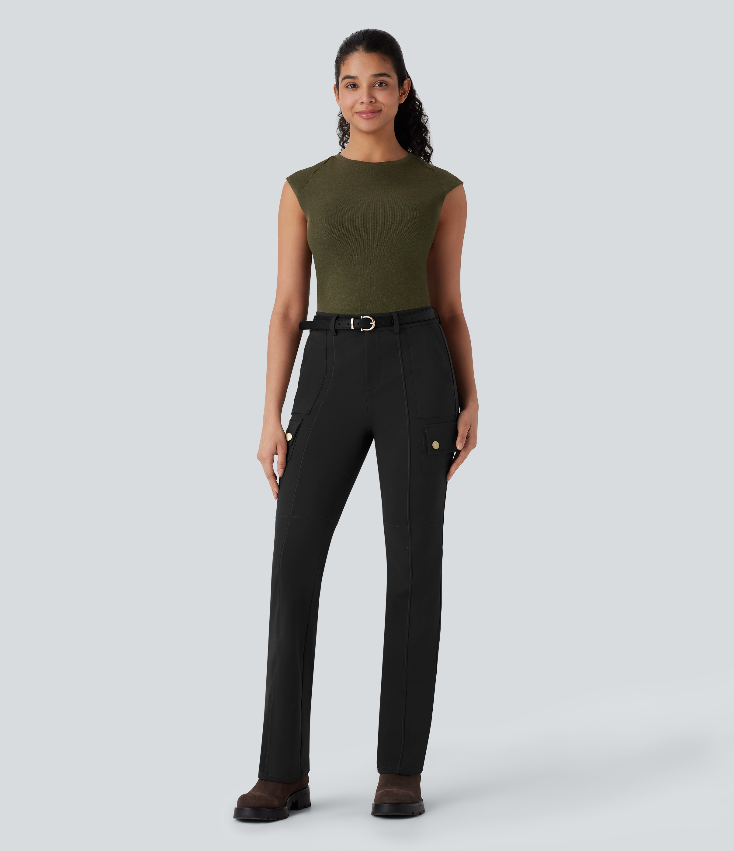 Halara Mid Rise Multiple Pockets Hiking Cargo Bootcut Pants  - Black - XL(regular) 