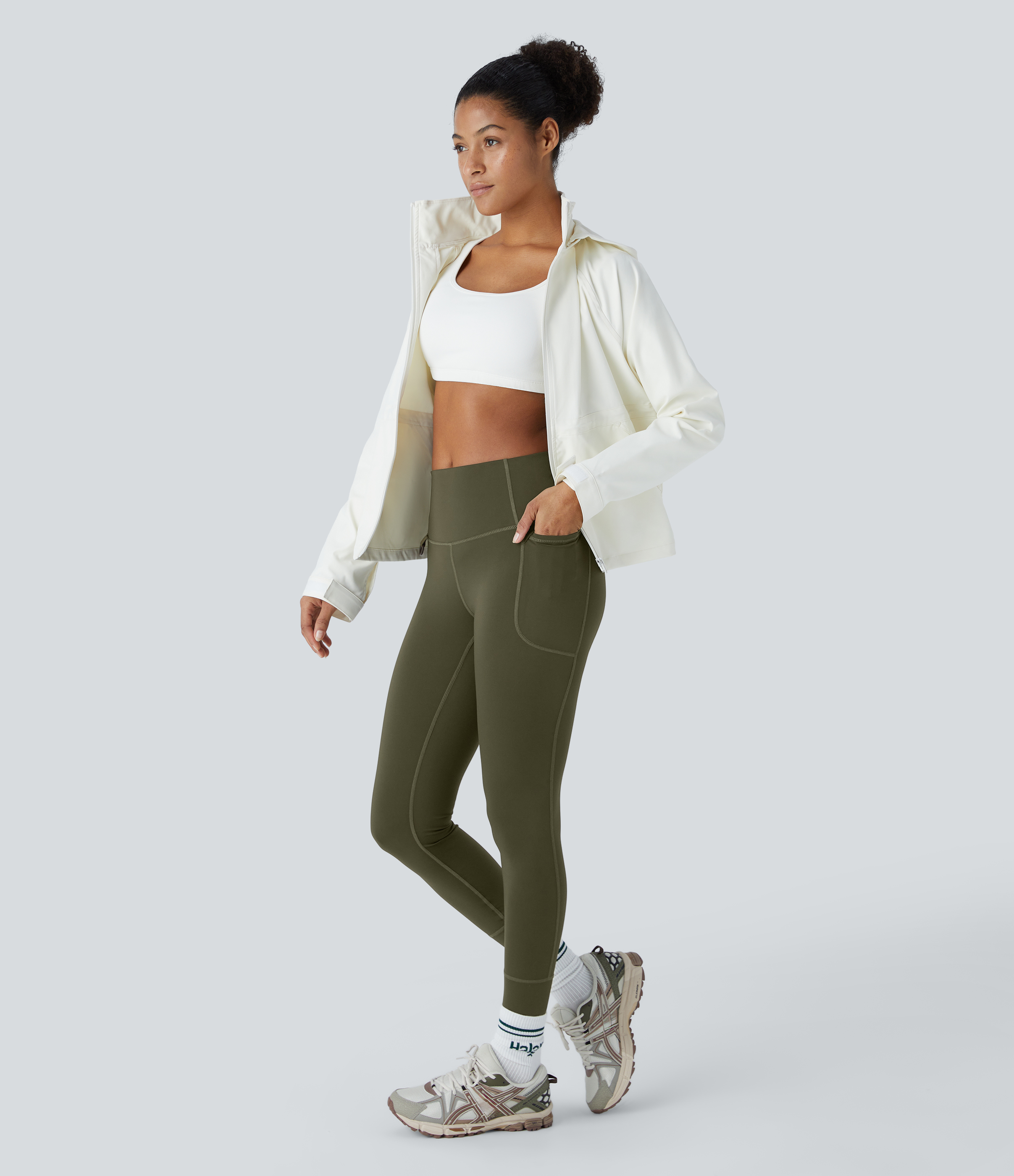 Halara SoCinched Wear-Resistant High Waisted Tummy Control Side Pocket 7/8 Rock Climbing Leggings  - Twilight Green - L(7/8) gym leggings 